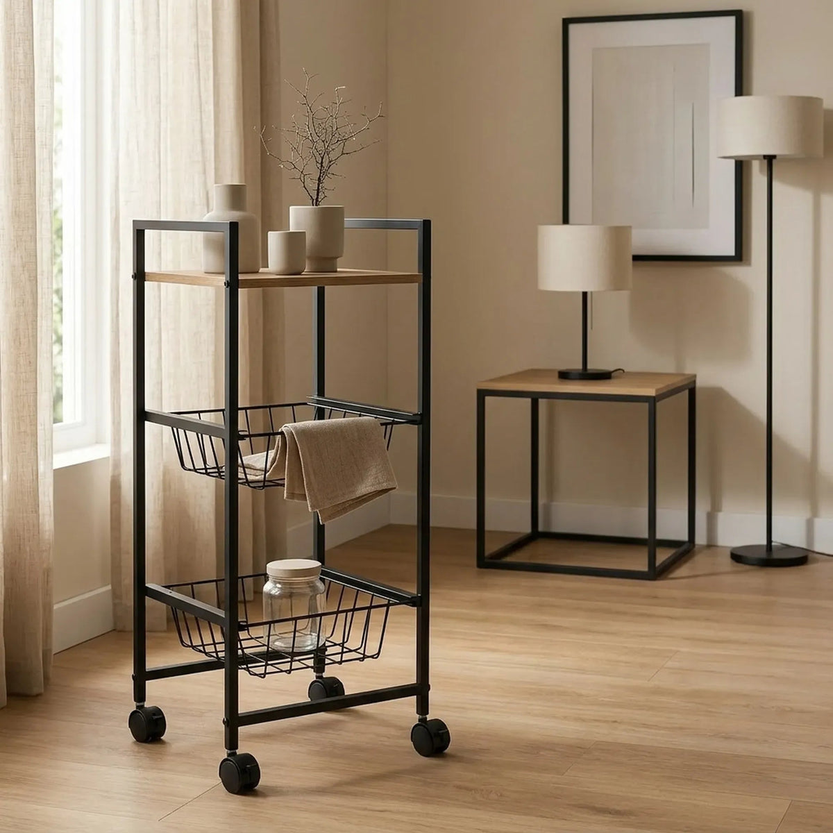 3 Tier Rolling Kitchen Trolley Cart with Steel Frame and MDF Top Shelf - Rustic Brown - Furniture > Dining > Kitchen & Dining Trolleys - Rivercity House & Home Co. (ABN 18 642 972 209) - Affordable Modern Furniture Australia