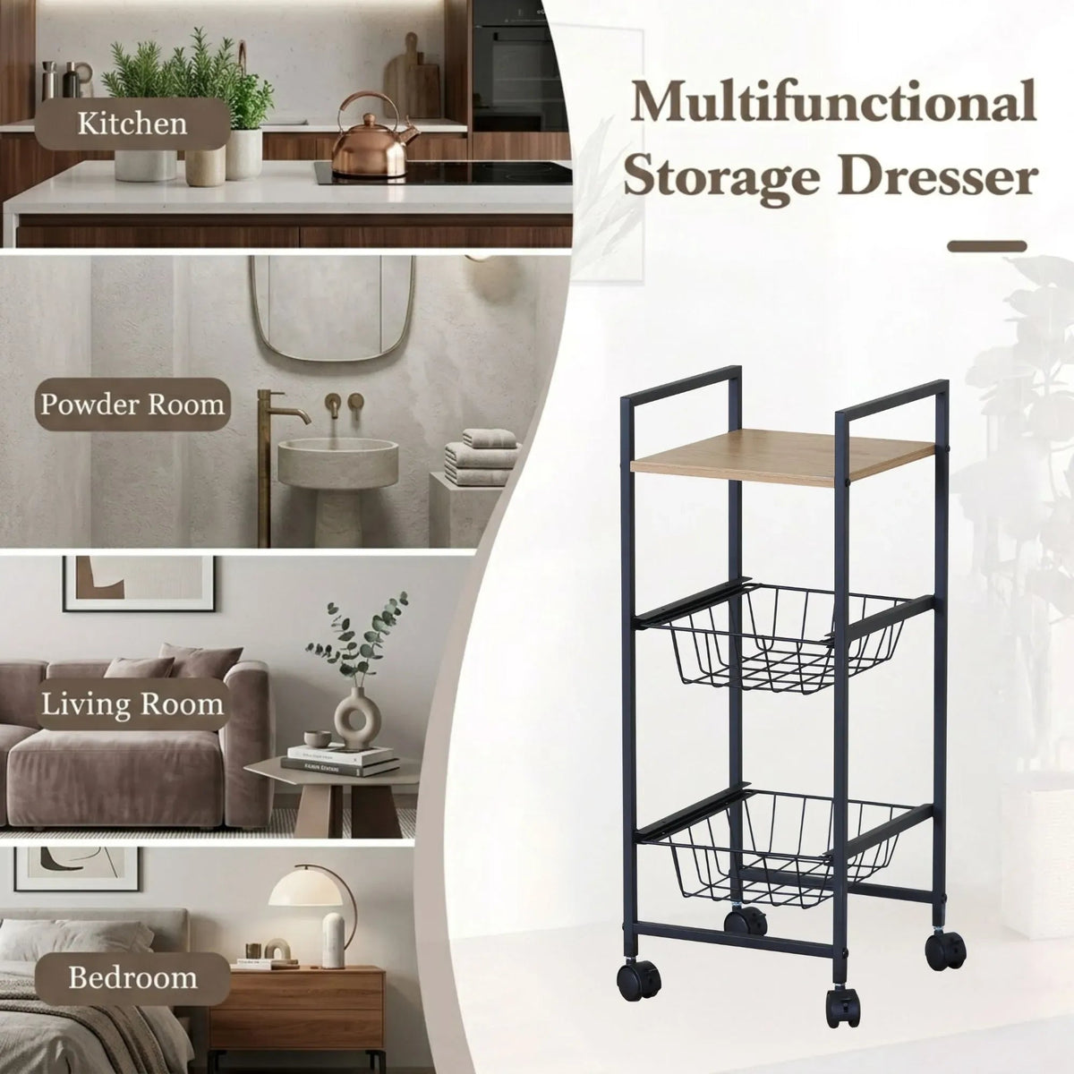 3 Tier Rolling Kitchen Trolley Cart with Steel Frame and MDF Top Shelf - Rustic Brown - Furniture > Dining > Kitchen & Dining Trolleys - Rivercity House & Home Co. (ABN 18 642 972 209) - Affordable Modern Furniture Australia