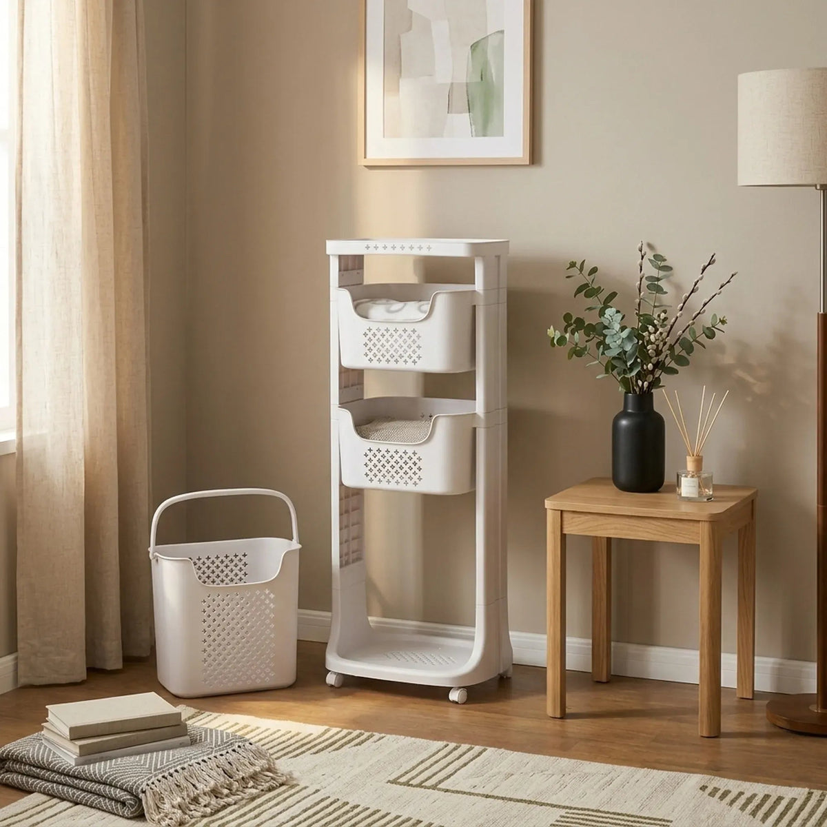 3 Tier Rolling Laundry Basket with Wheels Basic Plastic - White - Home & Garden > Laundry & Cleaning > Drying Racks & Hangers - Rivercity House & Home Co. (ABN 18 642 972 209) - Affordable Modern Furniture Australia