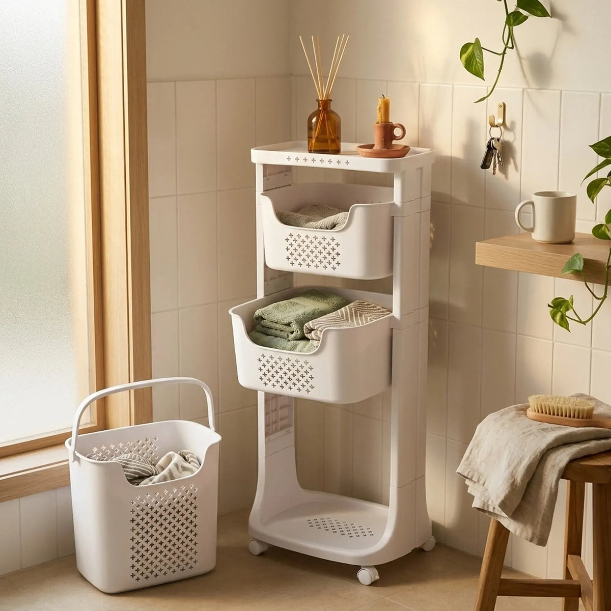 3 Tier Rolling Laundry Basket with Wheels Basic Plastic - White - Home & Garden > Laundry & Cleaning > Drying Racks & Hangers - Rivercity House & Home Co. (ABN 18 642 972 209) - Affordable Modern Furniture Australia
