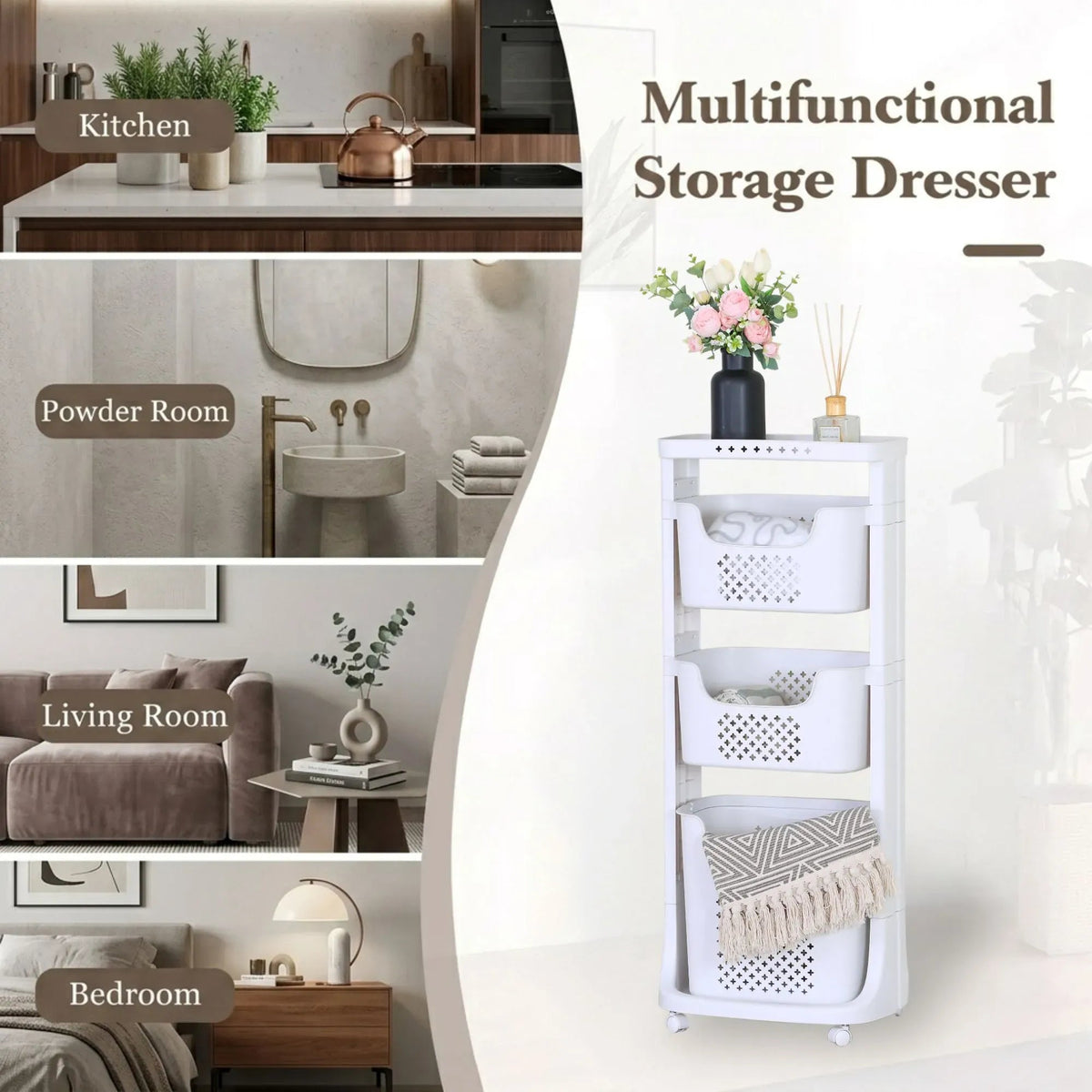3 Tier Rolling Laundry Basket with Wheels Basic Plastic - White - Home & Garden > Laundry & Cleaning > Drying Racks & Hangers - Rivercity House & Home Co. (ABN 18 642 972 209) - Affordable Modern Furniture Australia