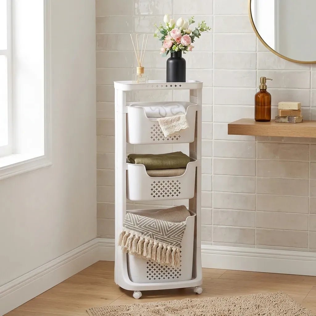 3 Tier Rolling Laundry Basket with Wheels Basic Plastic - White - Home & Garden > Laundry & Cleaning > Drying Racks & Hangers - Rivercity House & Home Co. (ABN 18 642 972 209) - Affordable Modern Furniture Australia