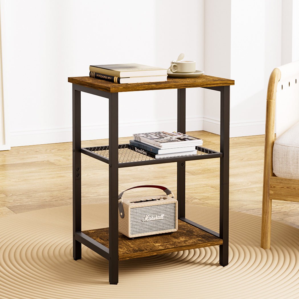 3 - Tier Side Table with Mesh and MDF Shelves - Brown and Black - Rivercity House & Home Co. (ABN 18 642 972 209) - Affordable Modern Furniture Australia