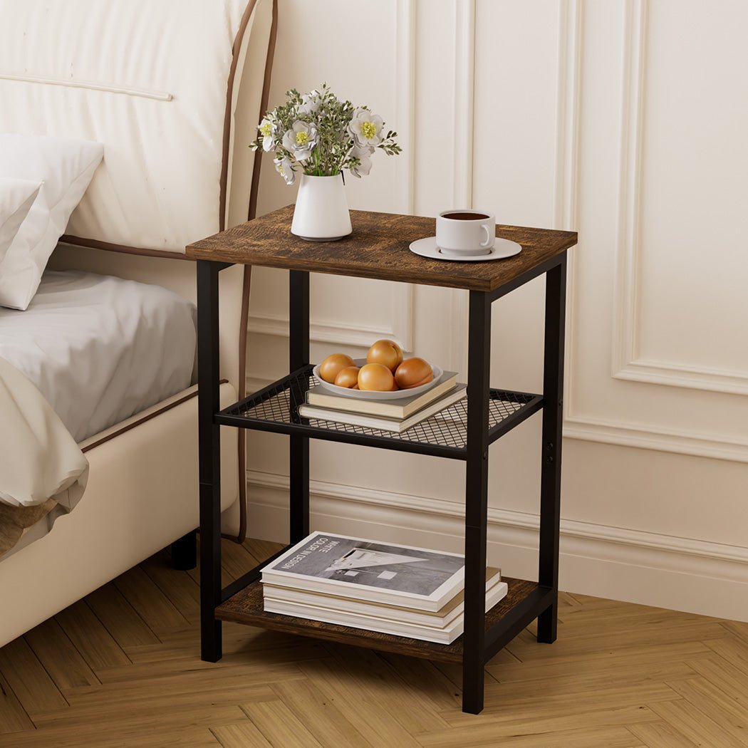 3 - Tier Side Table with Mesh and MDF Shelves - Brown and Black - Rivercity House & Home Co. (ABN 18 642 972 209) - Affordable Modern Furniture Australia