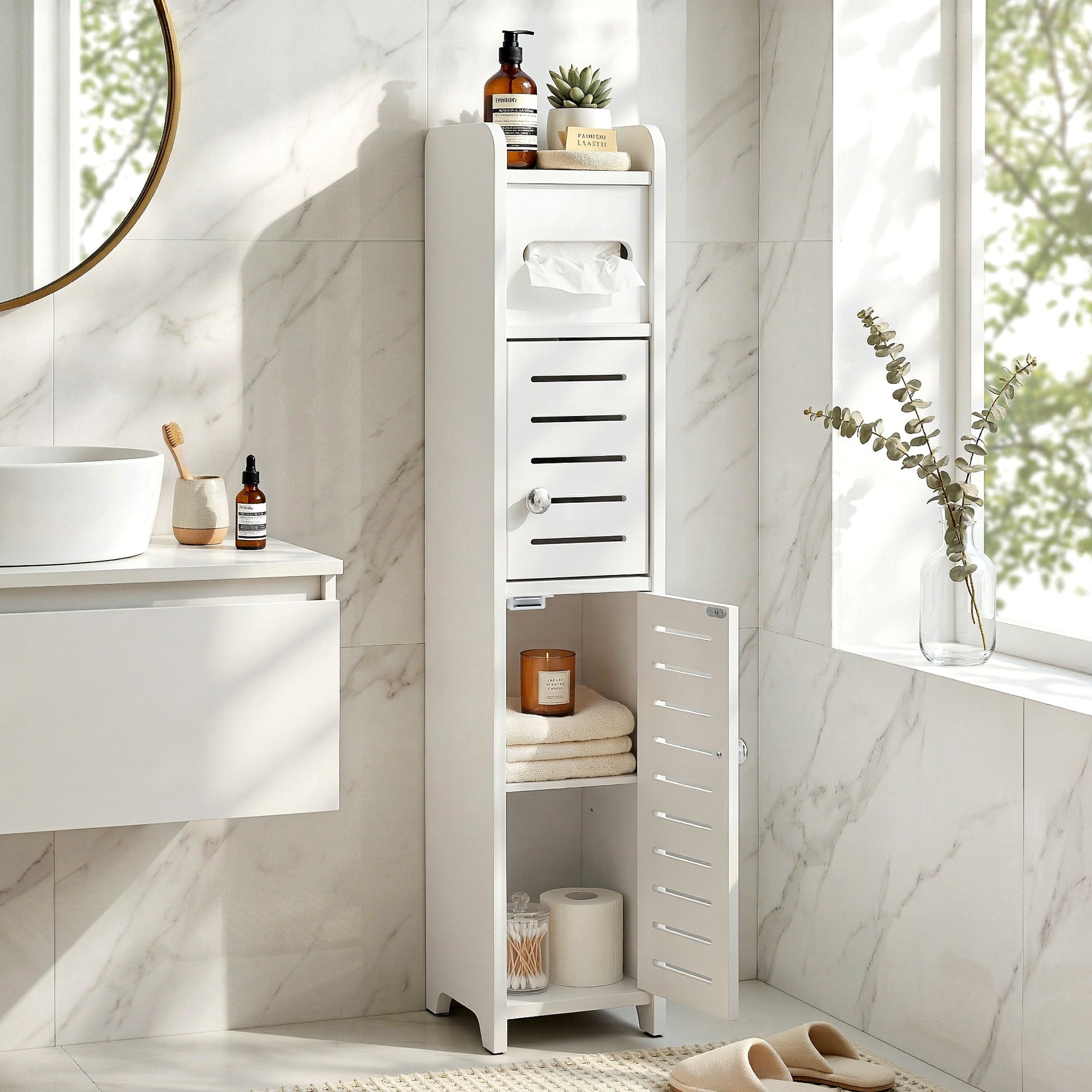 3-Tier Slim Bathroom Storage Cabinet with Toilet Paper Holder - White - Furniture > Bathroom > Bathroom Cabinets, Cupboards & Storage - Rivercity House & Home Co. (ABN 18 642 972 209) - Affordable Modern Furniture Australia