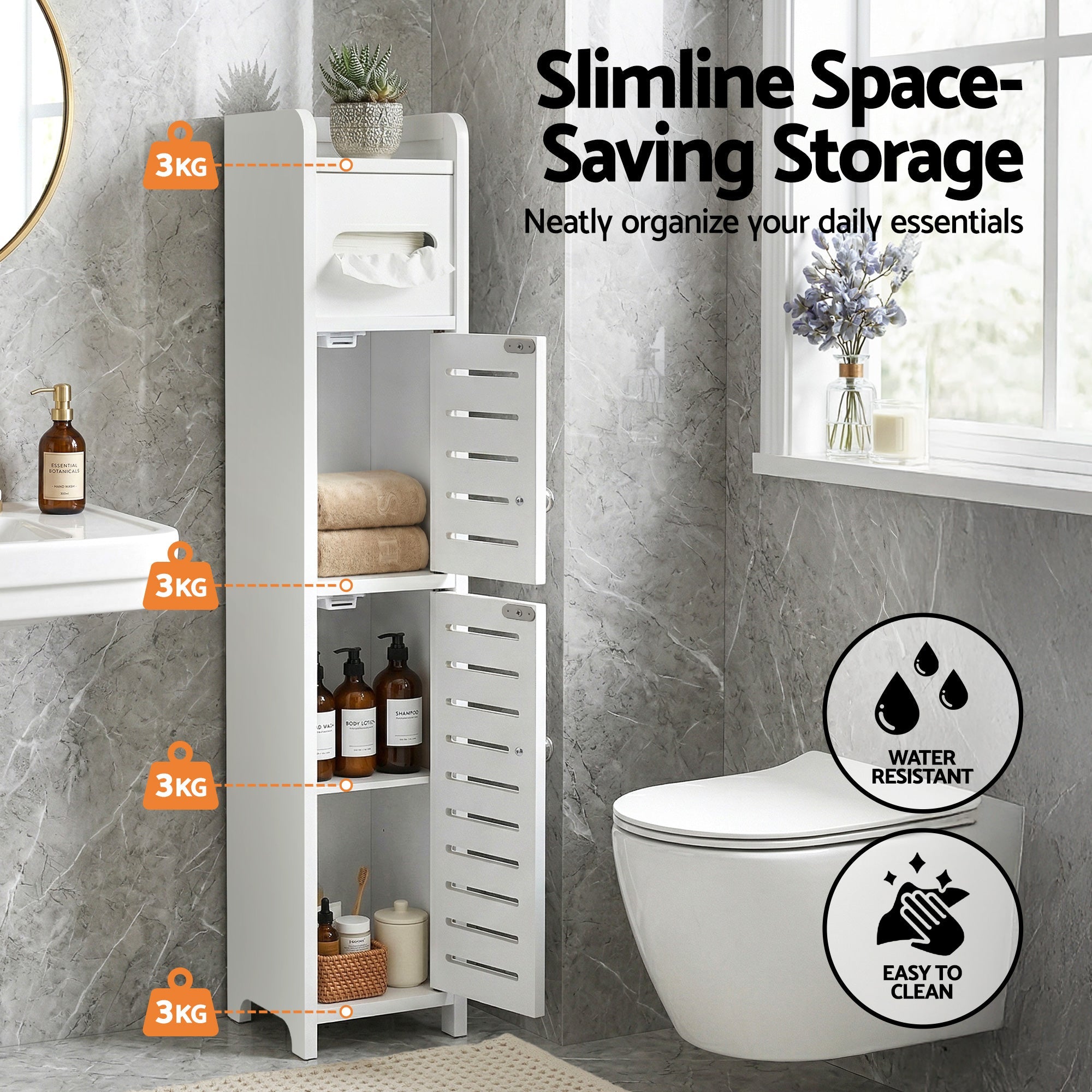 3-Tier Slim Bathroom Storage Cabinet with Toilet Paper Holder - White - Furniture > Bathroom > Bathroom Cabinets, Cupboards & Storage - Rivercity House & Home Co. (ABN 18 642 972 209) - Affordable Modern Furniture Australia
