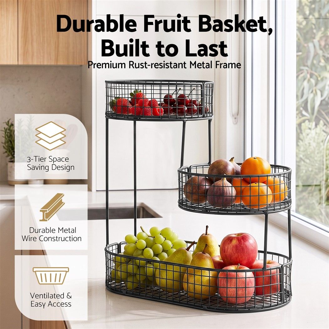 3-Tier Space Saving Fruit Basket Bowl Kitchen Food Storage Organiser - Black - Home & Garden > Kitchenware > Food Storage - Rivercity House & Home Co. (ABN 18 642 972 209) - Affordable Modern Furniture Australia