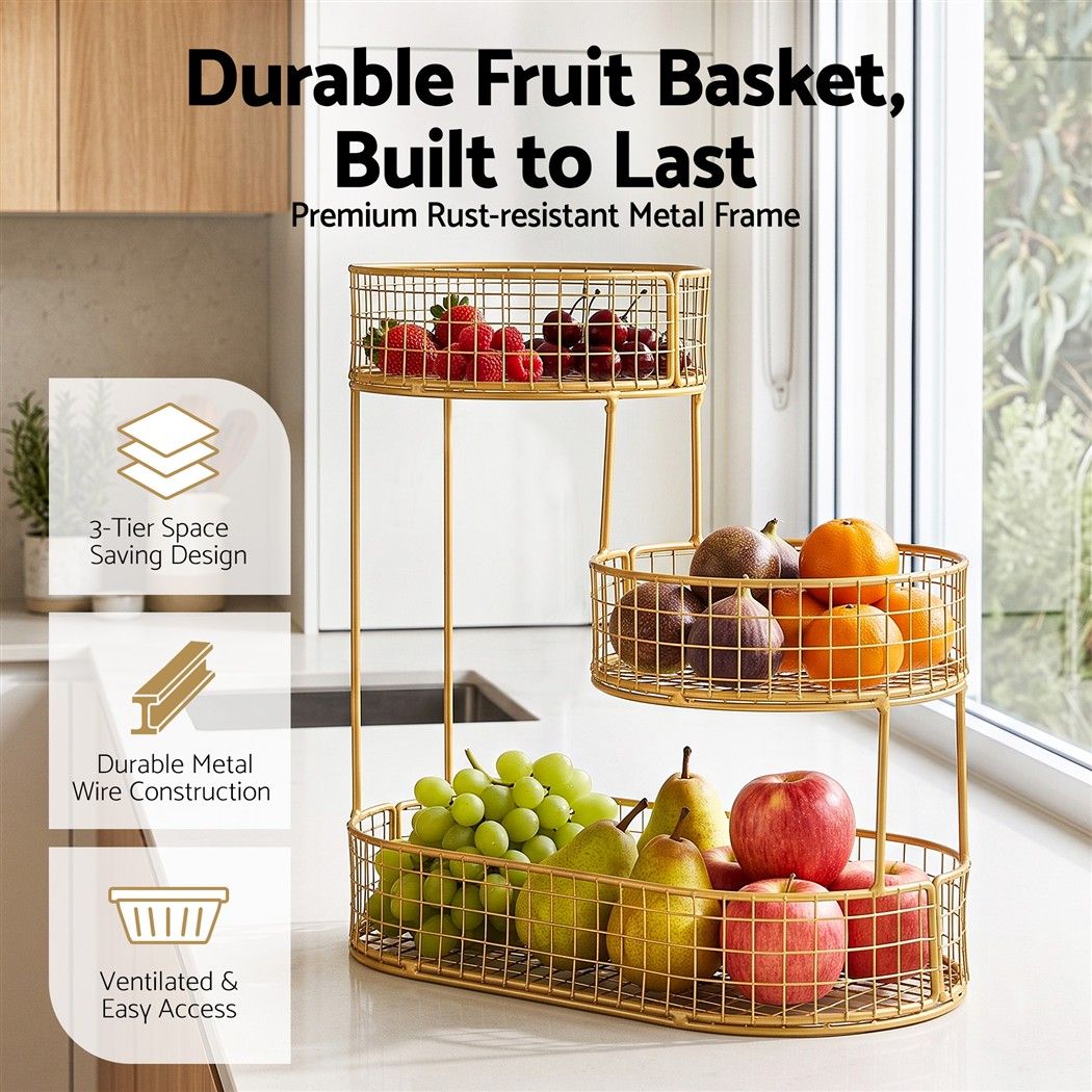3-Tier Space Saving Fruit Basket Bowl Kitchen Storage Organiser - Golden - Home & Garden > Kitchenware > Food Storage - Rivercity House & Home Co. (ABN 18 642 972 209) - Affordable Modern Furniture Australia