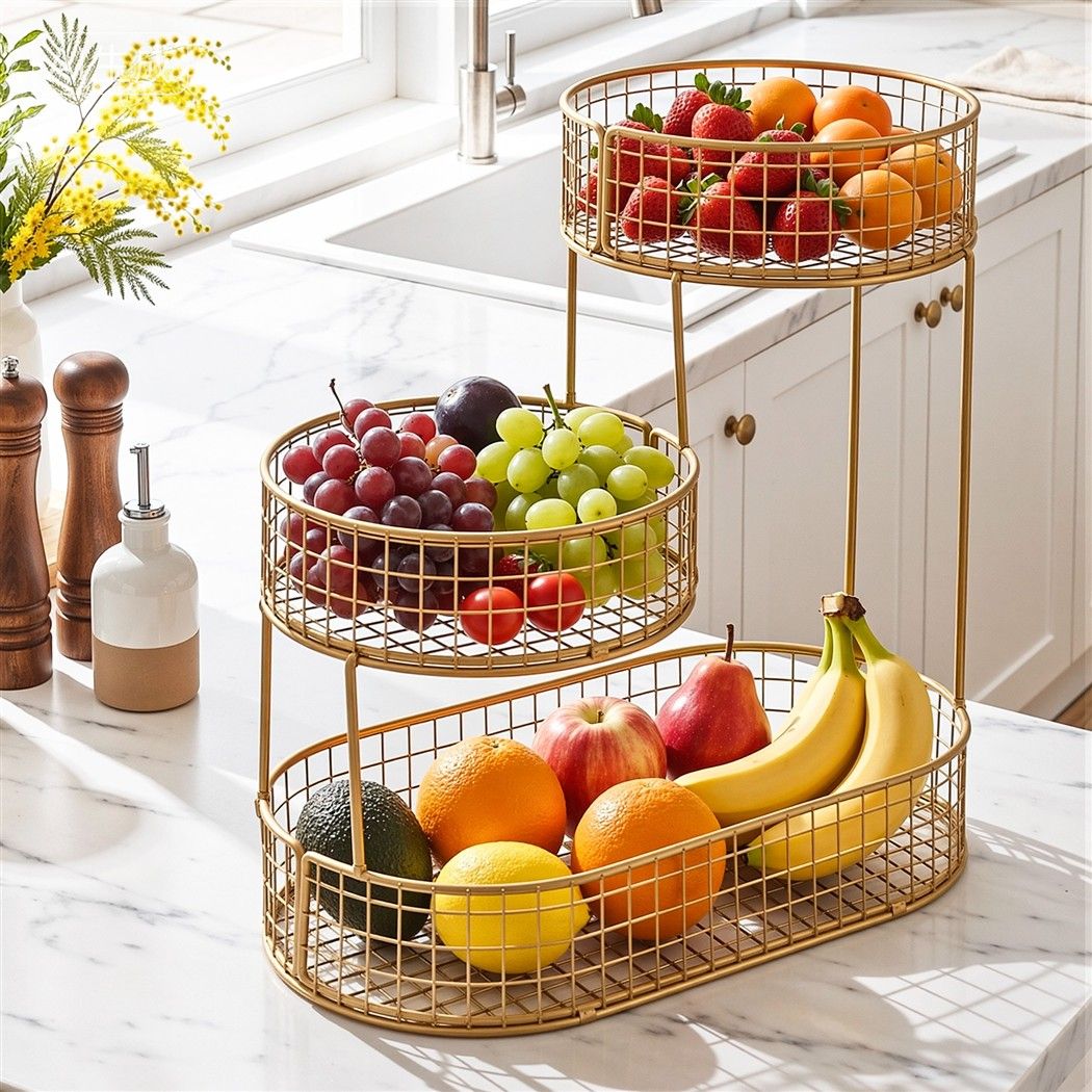 3-Tier Space Saving Fruit Basket Bowl Kitchen Storage Organiser - Golden - Home & Garden > Kitchenware > Food Storage - Rivercity House & Home Co. (ABN 18 642 972 209) - Affordable Modern Furniture Australia