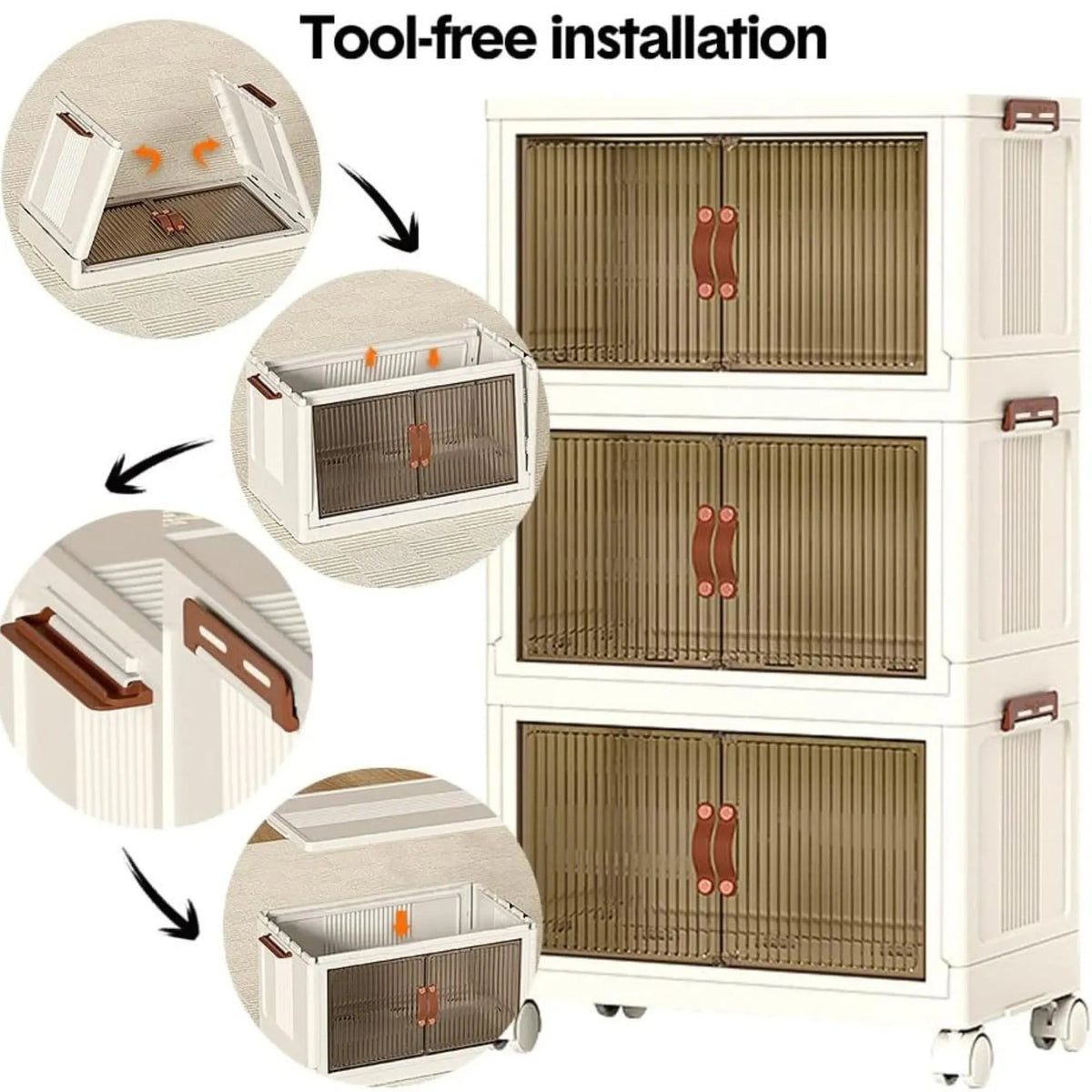 3 Tier Stackable Storage Cabinet with Wheels and Semi-Transparent Doors - White - Home & Garden > Storage > Clothing & Wardrobe Storage - Rivercity House & Home Co. (ABN 18 642 972 209) - Affordable Modern Furniture Australia