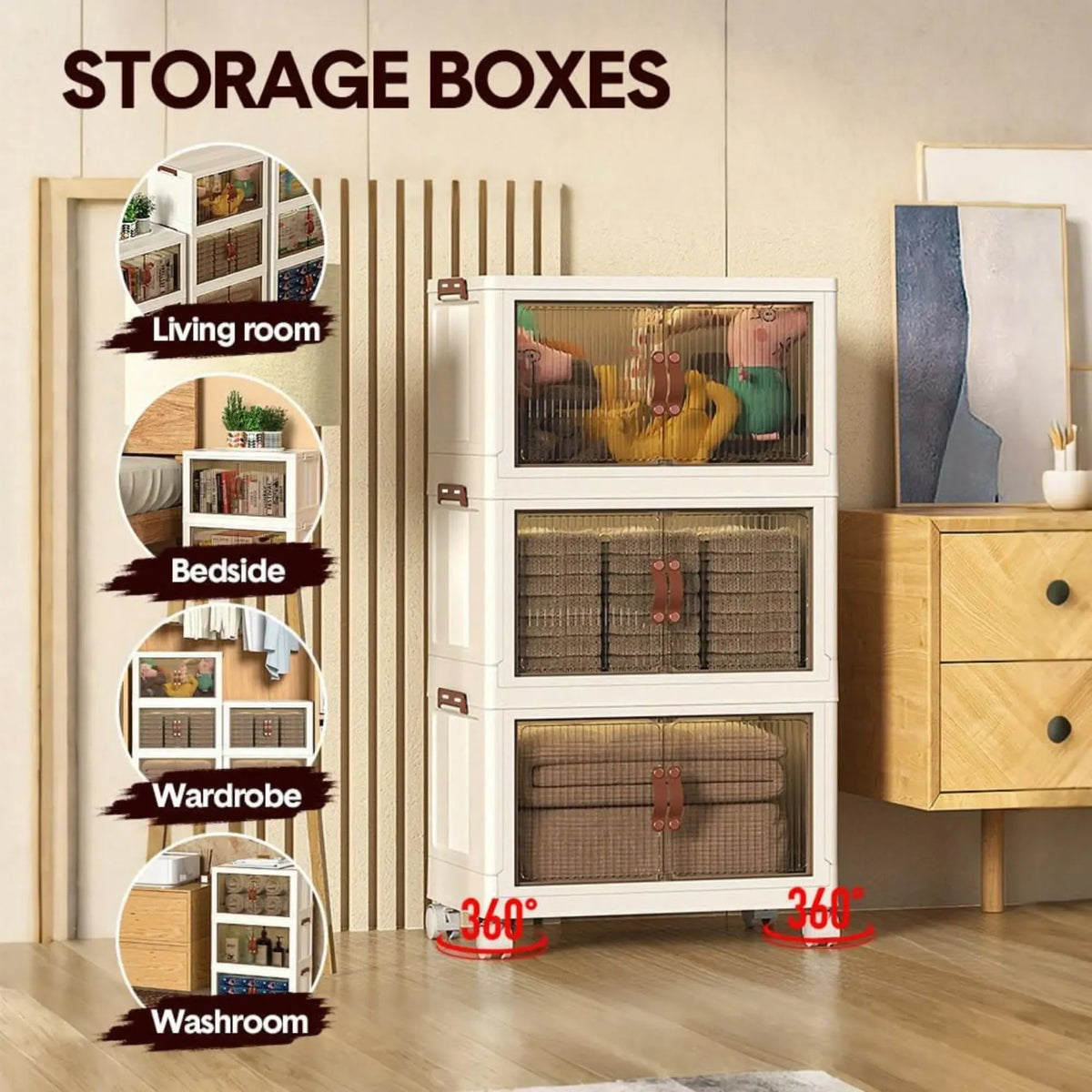 3 Tier Stackable Storage Cabinet with Wheels and Semi-Transparent Doors - White - Home & Garden > Storage > Clothing & Wardrobe Storage - Rivercity House & Home Co. (ABN 18 642 972 209) - Affordable Modern Furniture Australia