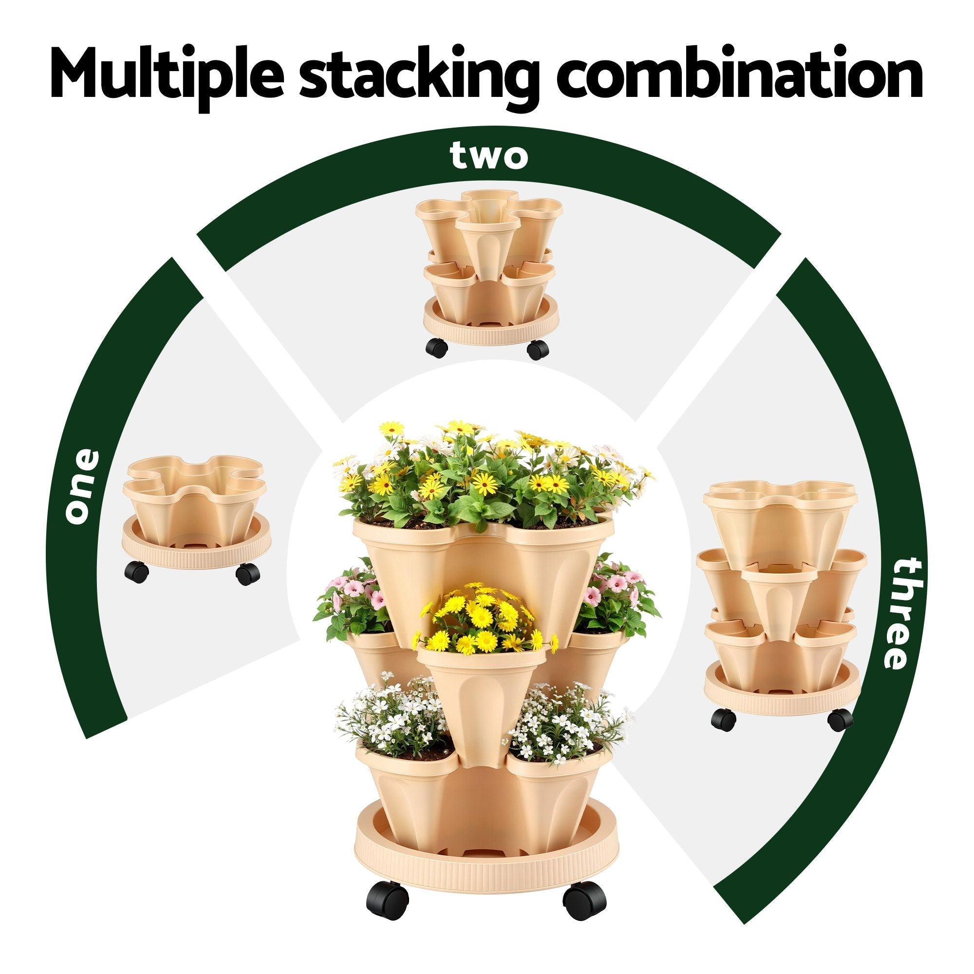 3 Tier Stackable Vertical Planter Tower Strawberry Pot Wheels Beige - Home & Garden > Garden Beds > Garden Beds & Planters - Rivercity House & Home Co. (ABN 18 642 972 209) - Affordable Modern Furniture Australia