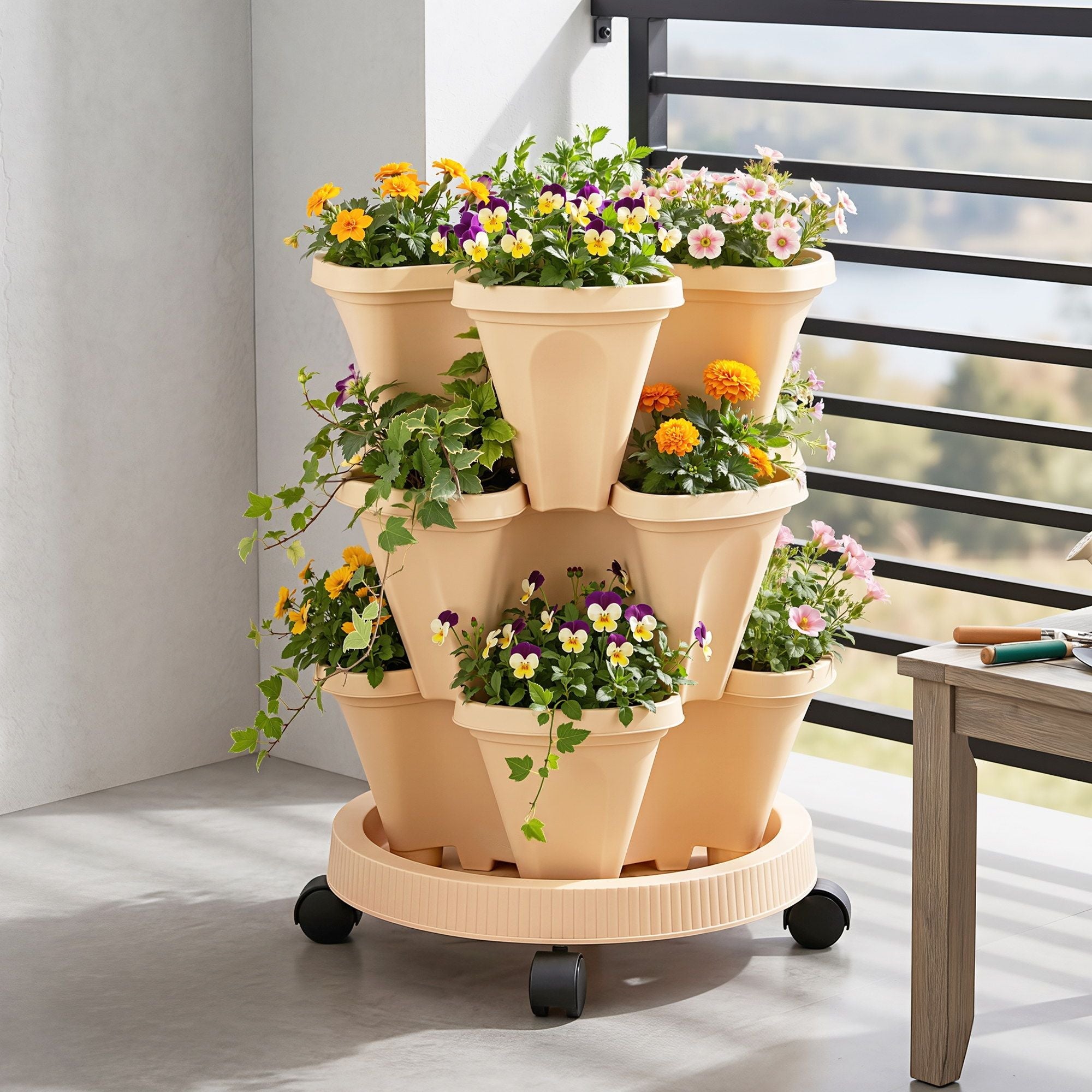 3 Tier Stackable Vertical Planter Tower Strawberry Pot Wheels Beige - Home & Garden > Garden Beds > Garden Beds & Planters - Rivercity House & Home Co. (ABN 18 642 972 209) - Affordable Modern Furniture Australia