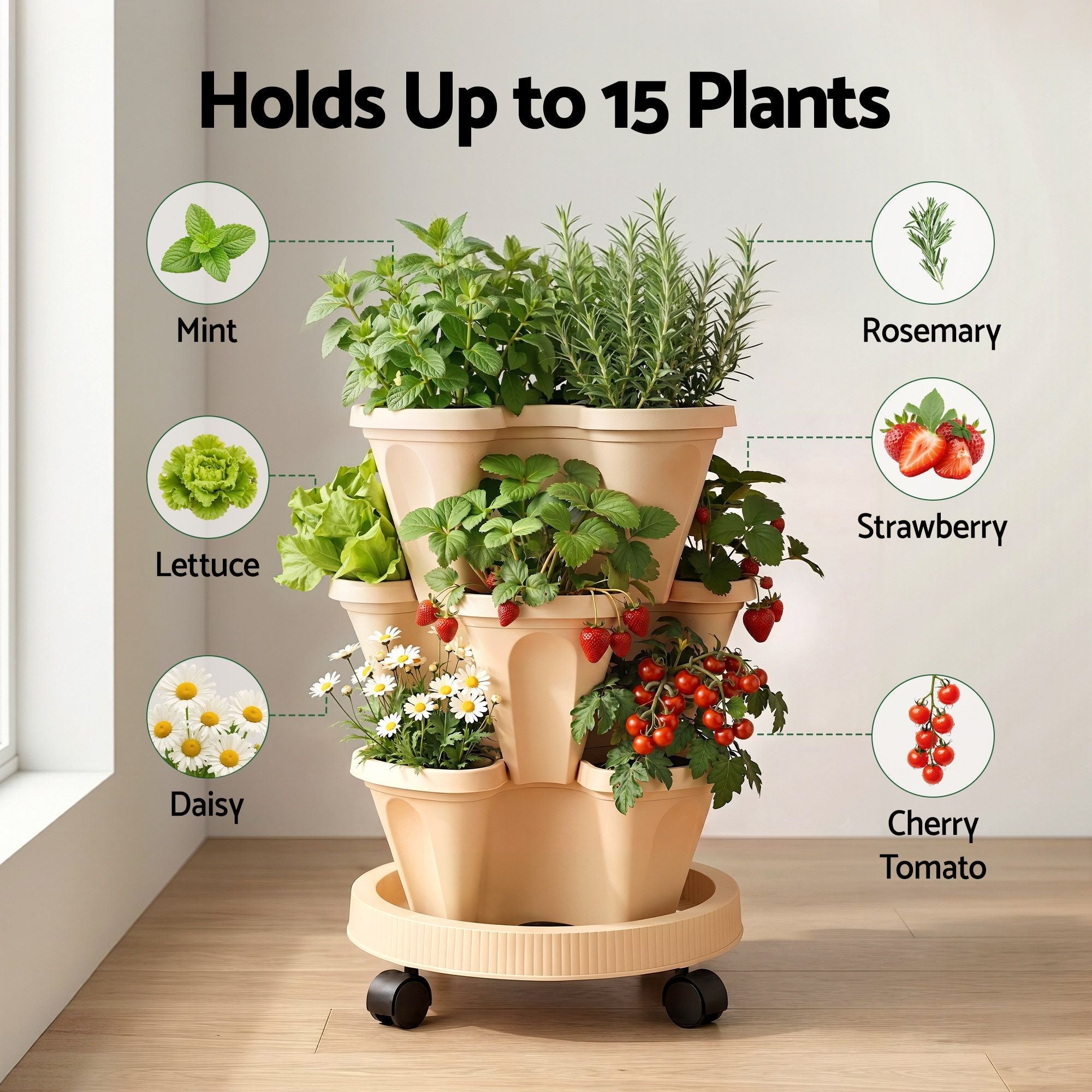 3 Tier Stackable Vertical Planter Tower Strawberry Pot Wheels Beige - Home & Garden > Garden Beds > Garden Beds & Planters - Rivercity House & Home Co. (ABN 18 642 972 209) - Affordable Modern Furniture Australia