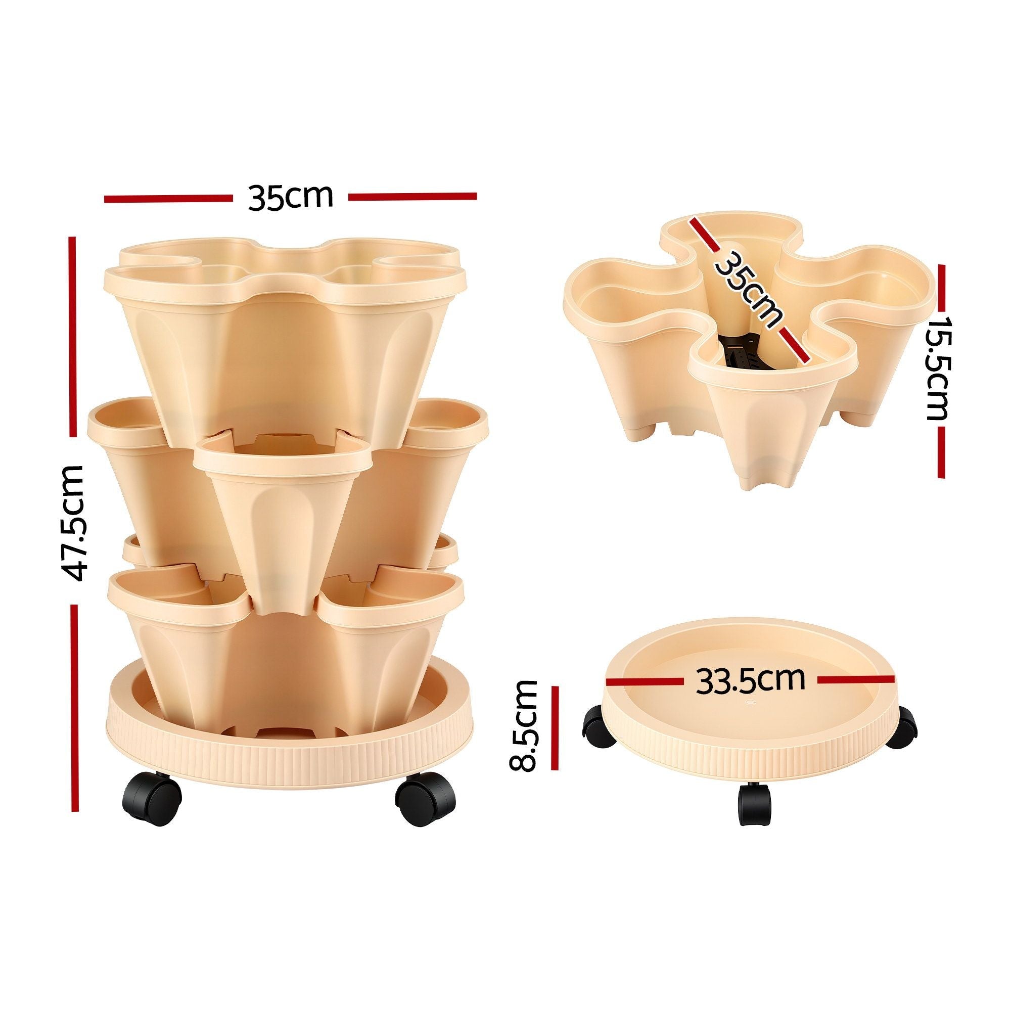 3 Tier Stackable Vertical Planter Tower Strawberry Pot Wheels Beige - Home & Garden > Garden Beds > Garden Beds & Planters - Rivercity House & Home Co. (ABN 18 642 972 209) - Affordable Modern Furniture Australia