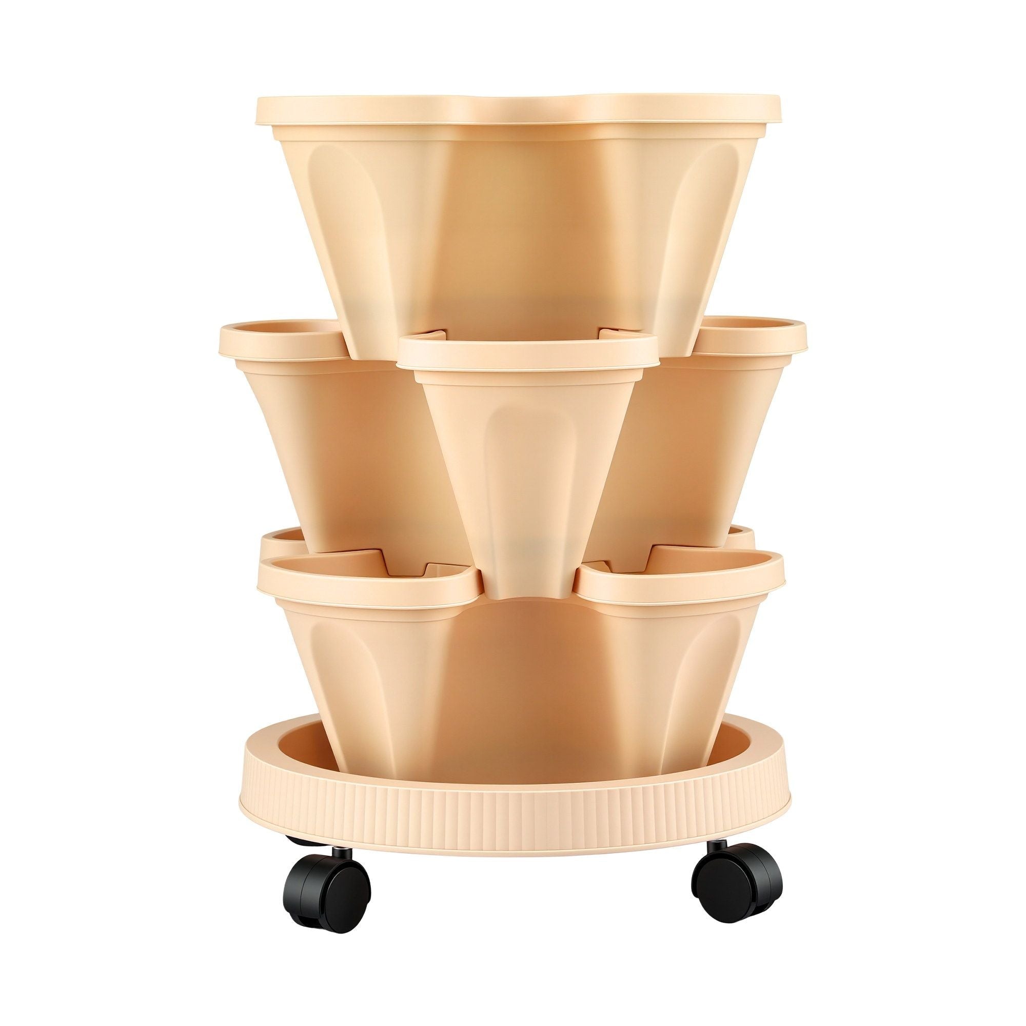 3 Tier Stackable Vertical Planter Tower Strawberry Pot Wheels Beige - Home & Garden > Garden Beds > Garden Beds & Planters - Rivercity House & Home Co. (ABN 18 642 972 209) - Affordable Modern Furniture Australia