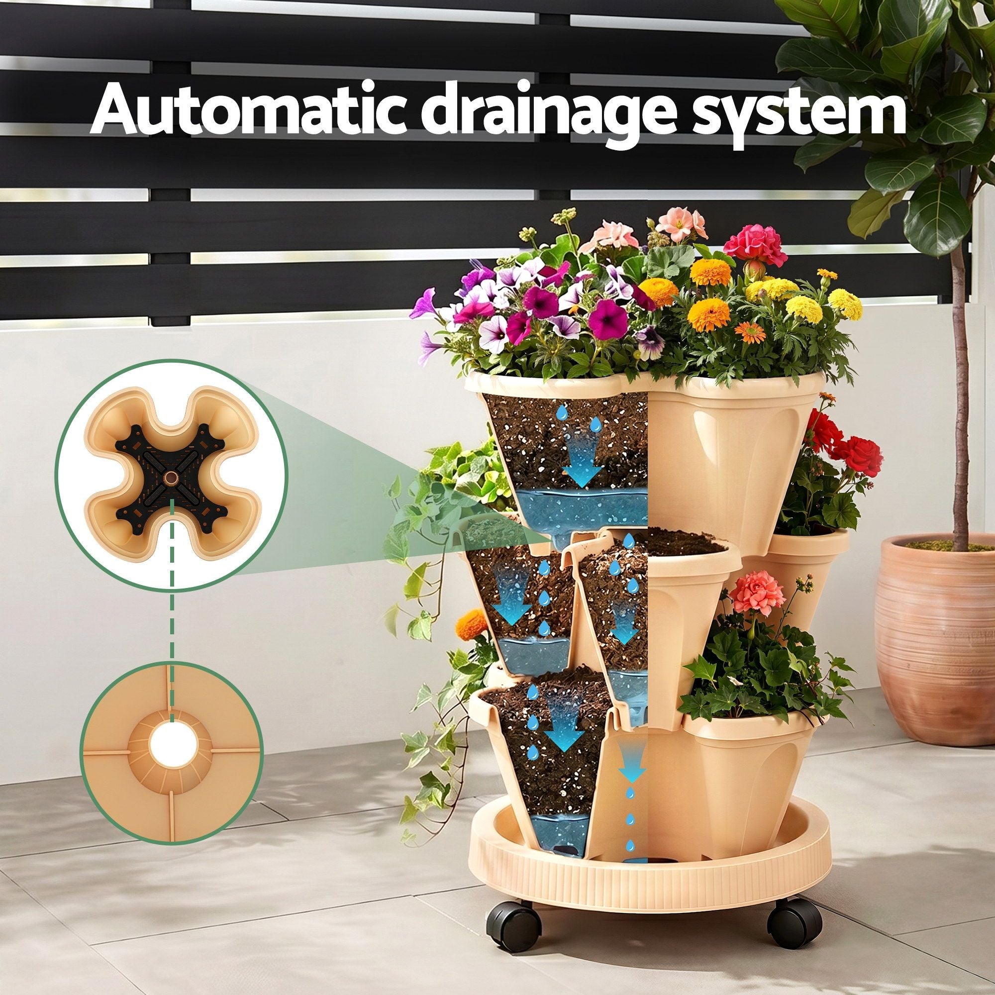 3 Tier Stackable Vertical Planter Tower Strawberry Pot Wheels Beige - Home & Garden > Garden Beds > Garden Beds & Planters - Rivercity House & Home Co. (ABN 18 642 972 209) - Affordable Modern Furniture Australia