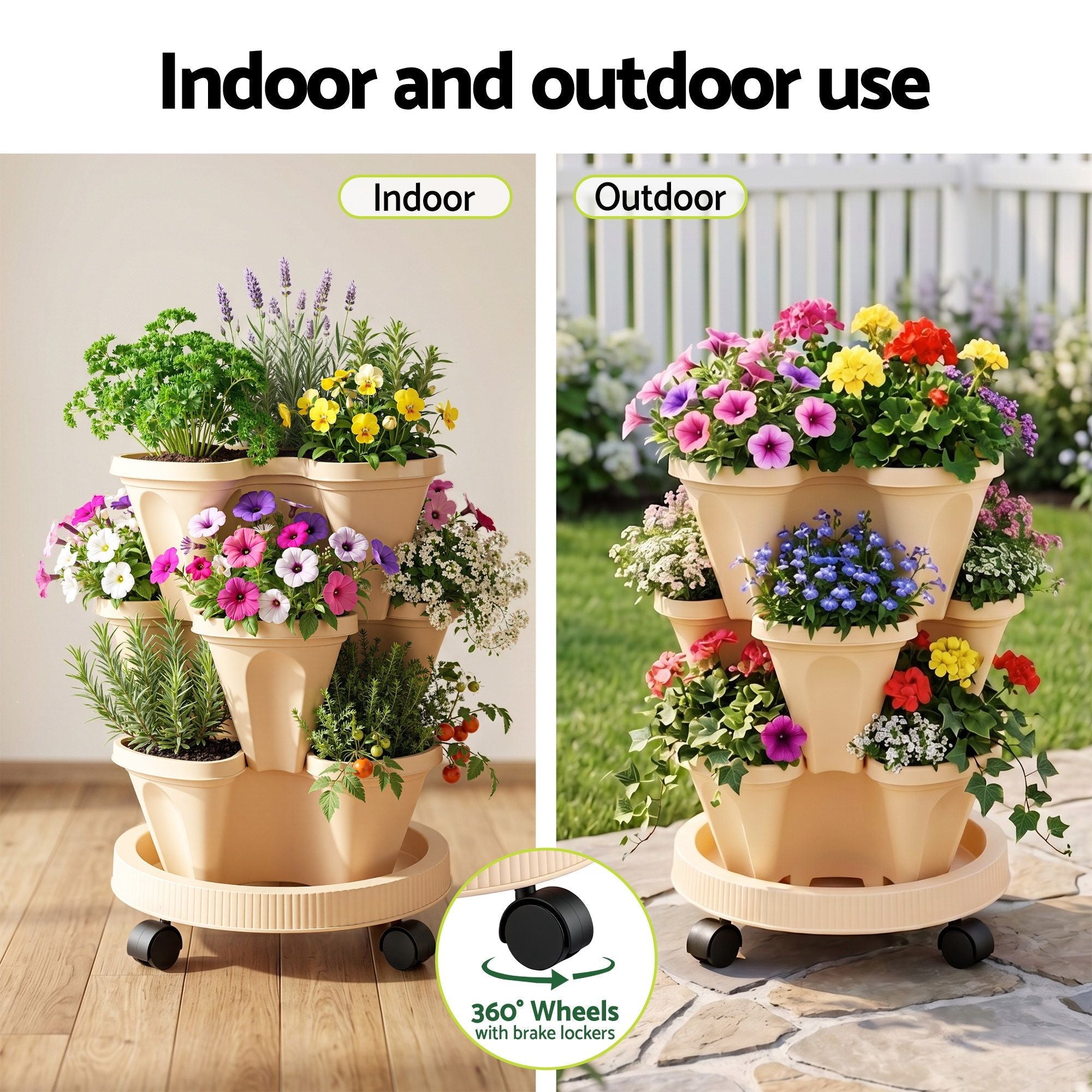 3 Tier Stackable Vertical Planter Tower Strawberry Pot Wheels Beige - Home & Garden > Garden Beds > Garden Beds & Planters - Rivercity House & Home Co. (ABN 18 642 972 209) - Affordable Modern Furniture Australia