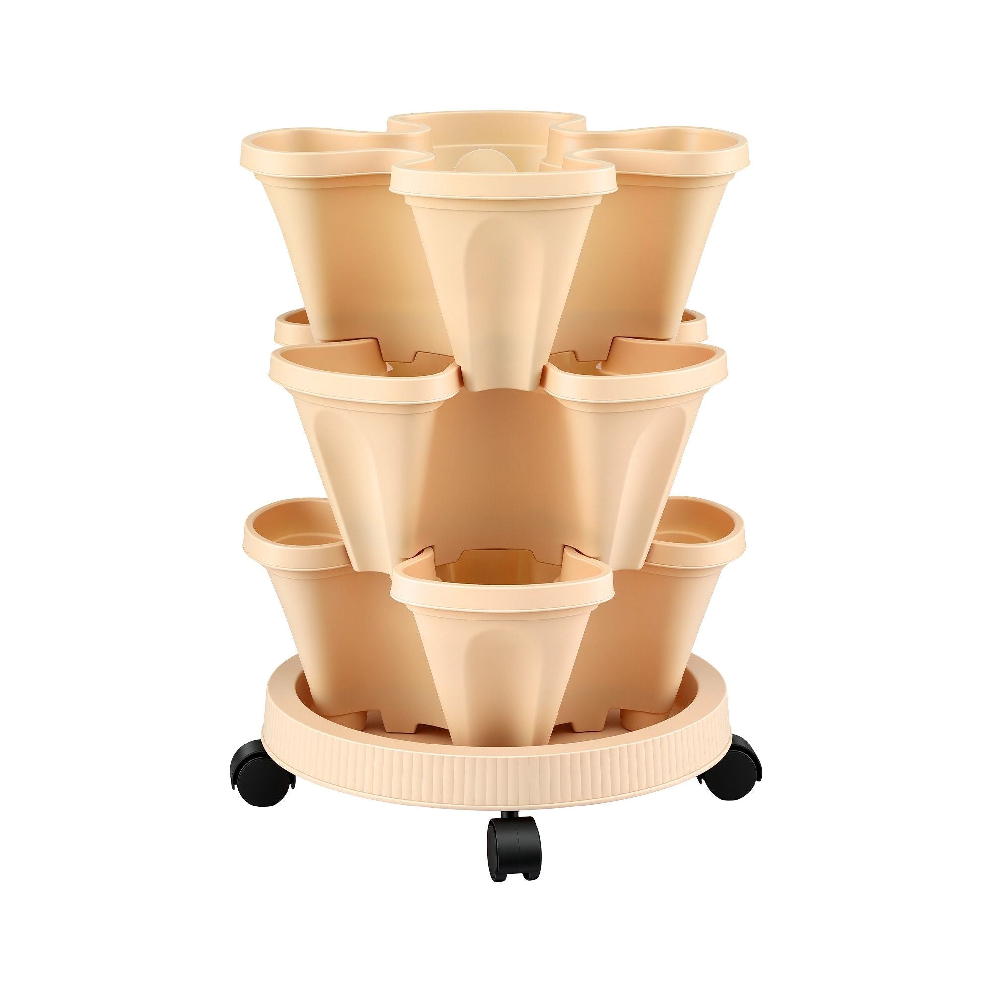 3 Tier Stackable Vertical Planter Tower Strawberry Pot Wheels Beige - Home & Garden > Garden Beds > Garden Beds & Planters - Rivercity House & Home Co. (ABN 18 642 972 209) - Affordable Modern Furniture Australia