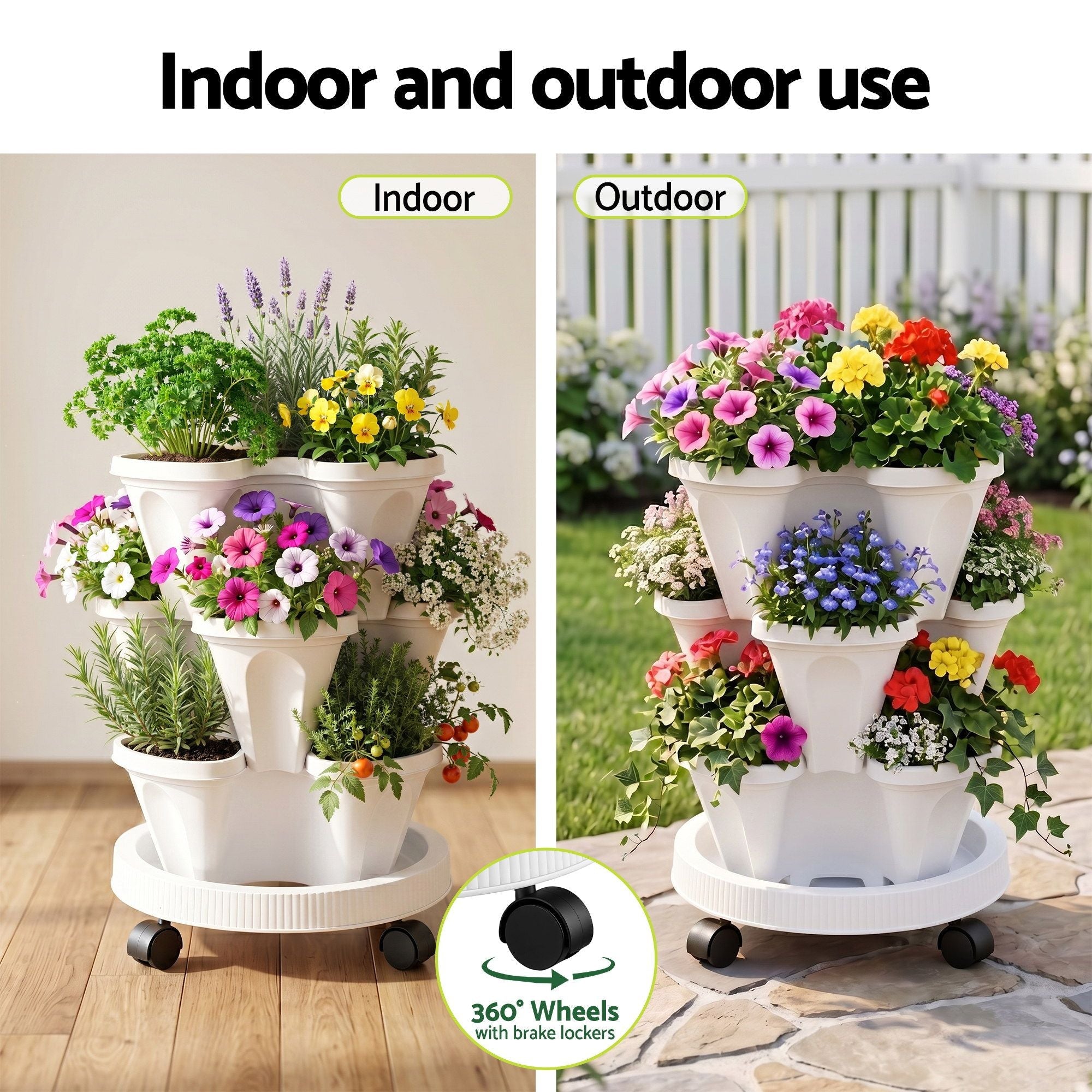 3 Tier Stackable Vertical Planter Tower Strawberry Pot Wheels White - Home & Garden > Garden Beds > Garden Beds & Planters - Rivercity House & Home Co. (ABN 18 642 972 209) - Affordable Modern Furniture Australia