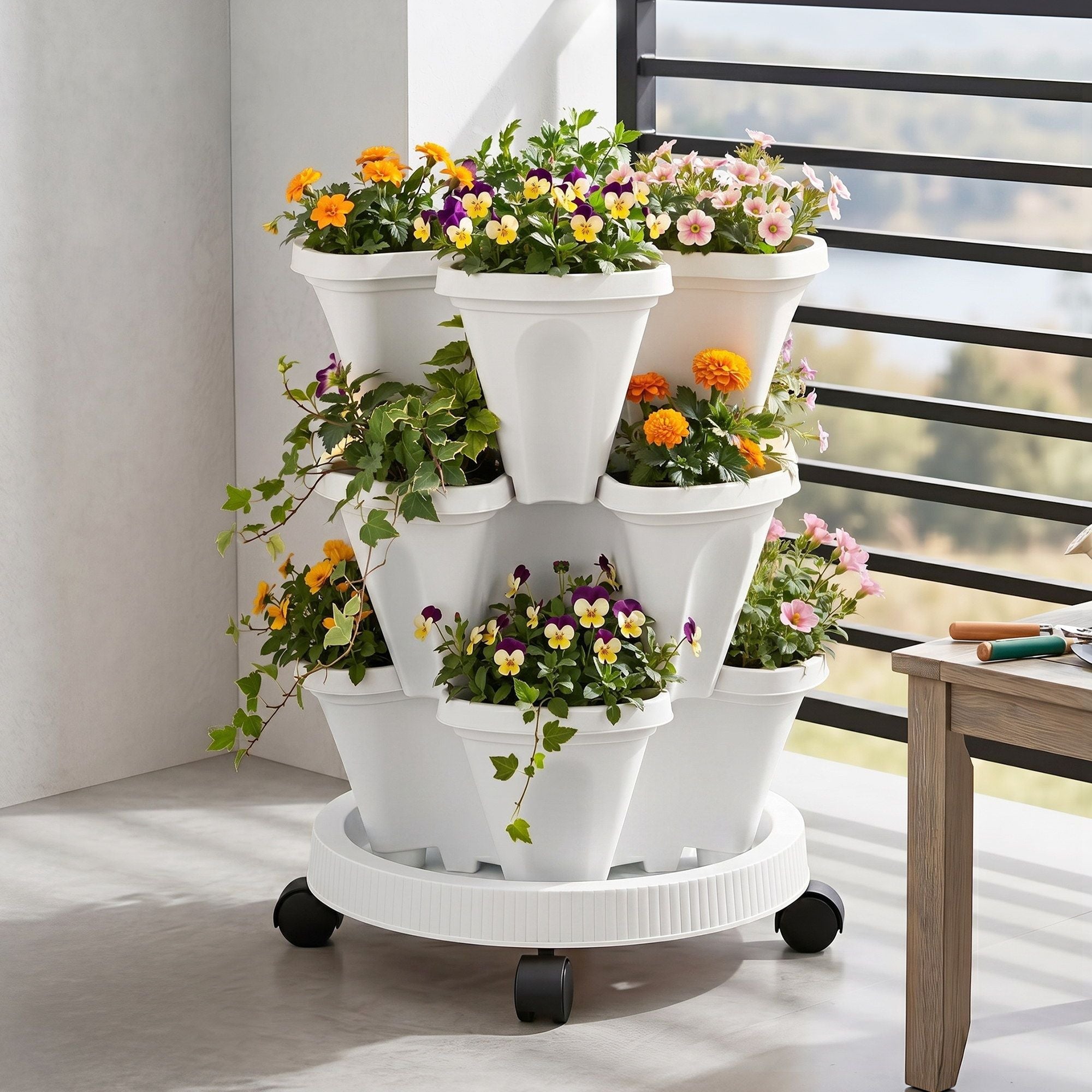 3 Tier Stackable Vertical Planter Tower Strawberry Pot Wheels White - Home & Garden > Garden Beds > Garden Beds & Planters - Rivercity House & Home Co. (ABN 18 642 972 209) - Affordable Modern Furniture Australia