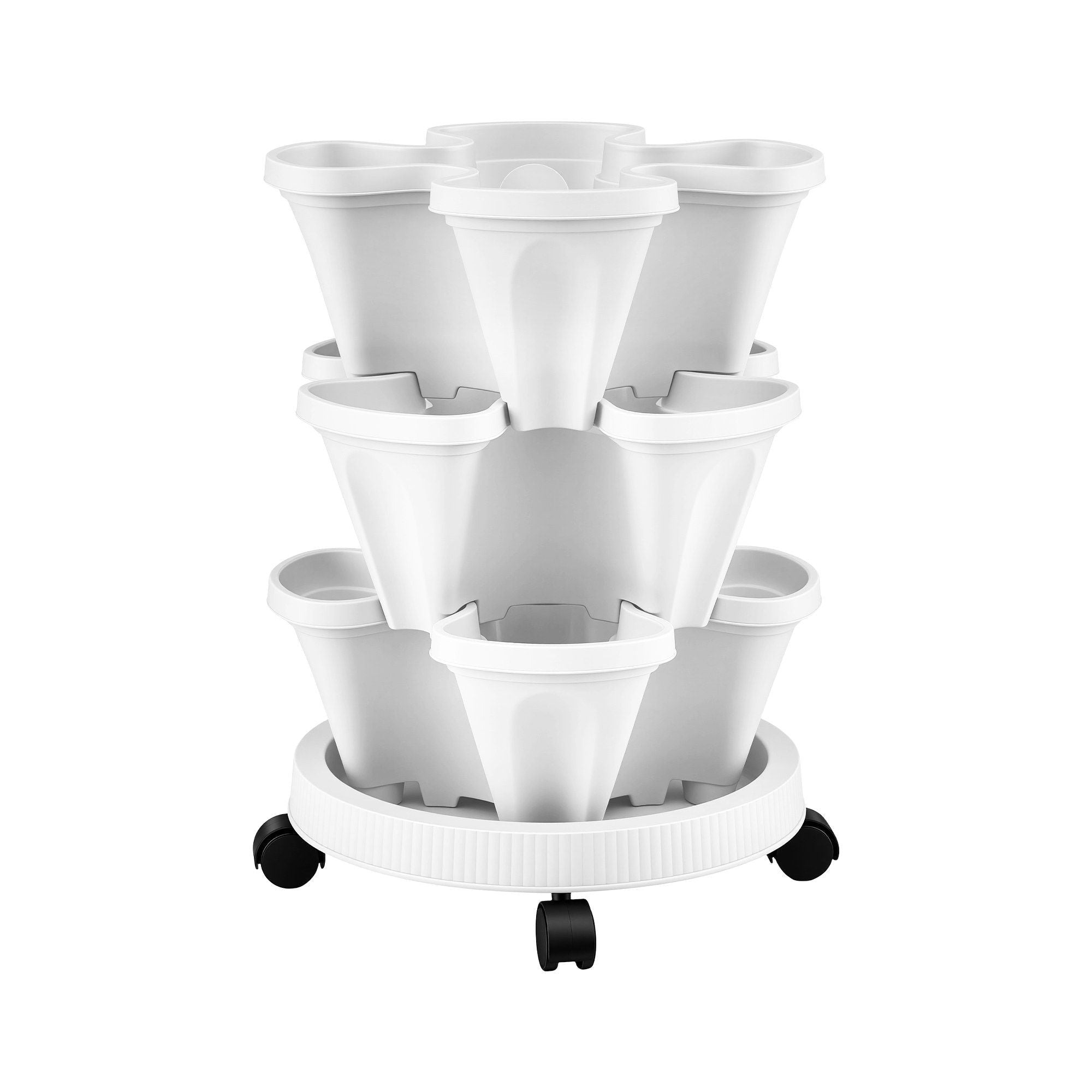 3 Tier Stackable Vertical Planter Tower Strawberry Pot Wheels White - Home & Garden > Garden Beds > Garden Beds & Planters - Rivercity House & Home Co. (ABN 18 642 972 209) - Affordable Modern Furniture Australia