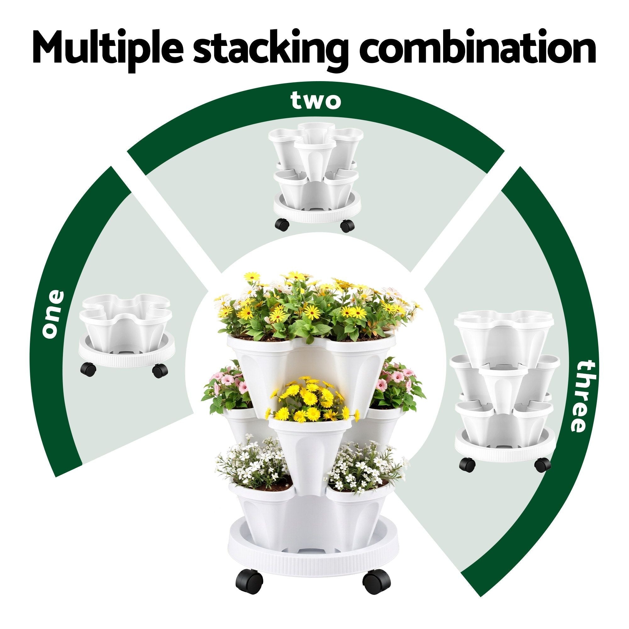 3 Tier Stackable Vertical Planter Tower Strawberry Pot Wheels White - Home & Garden > Garden Beds > Garden Beds & Planters - Rivercity House & Home Co. (ABN 18 642 972 209) - Affordable Modern Furniture Australia