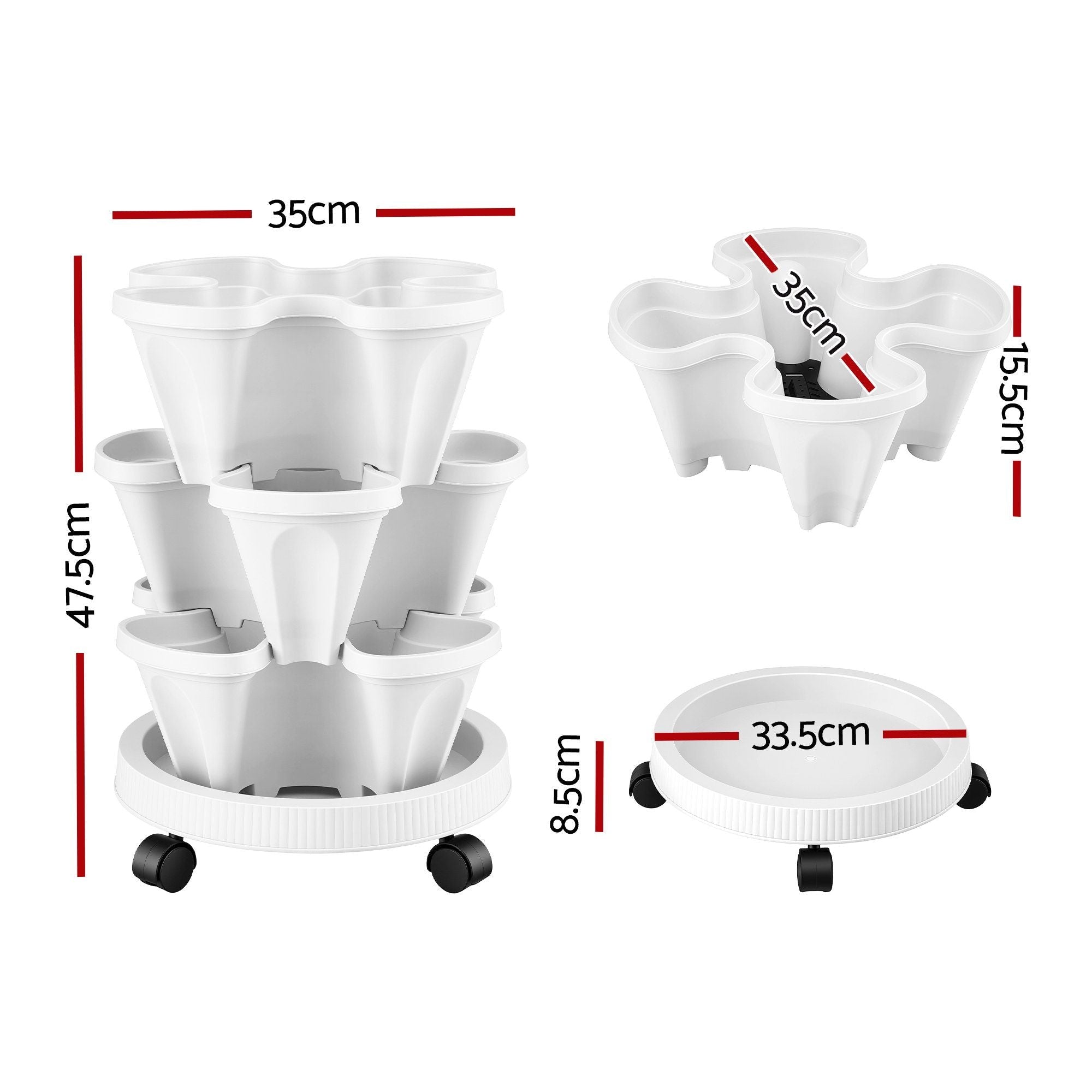 3 Tier Stackable Vertical Planter Tower Strawberry Pot Wheels White - Home & Garden > Garden Beds > Garden Beds & Planters - Rivercity House & Home Co. (ABN 18 642 972 209) - Affordable Modern Furniture Australia