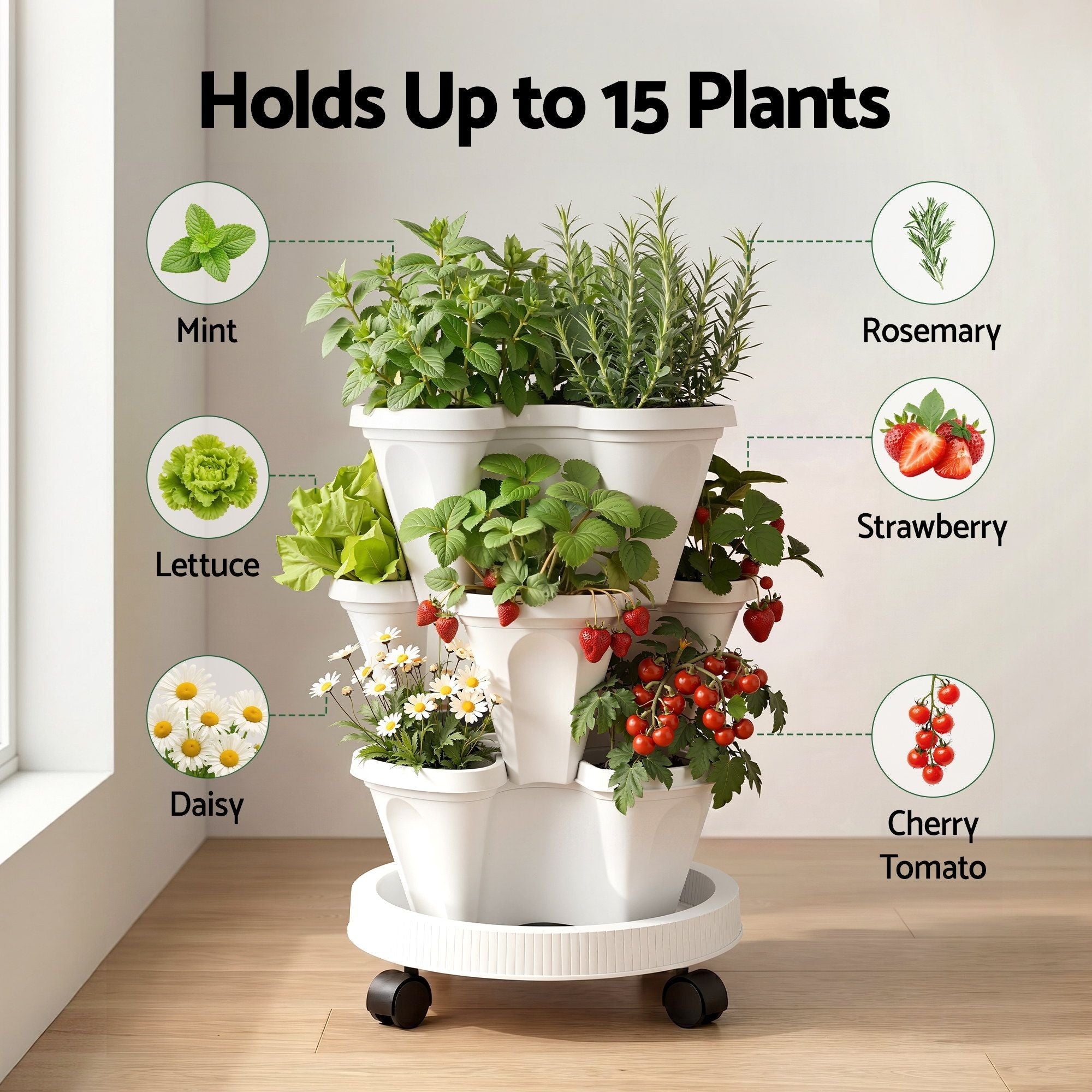 3 Tier Stackable Vertical Planter Tower Strawberry Pot Wheels White - Home & Garden > Garden Beds > Garden Beds & Planters - Rivercity House & Home Co. (ABN 18 642 972 209) - Affordable Modern Furniture Australia