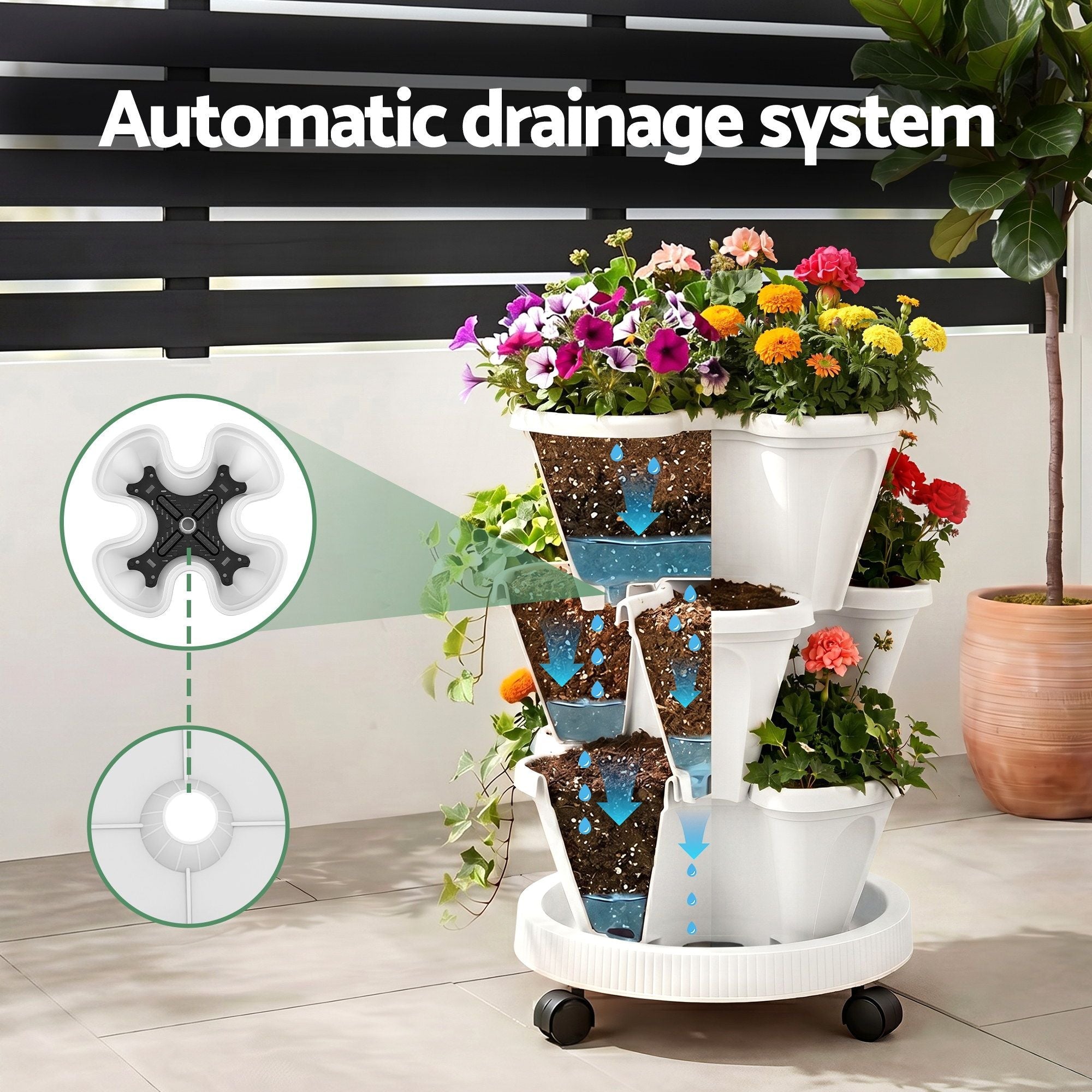 3 Tier Stackable Vertical Planter Tower Strawberry Pot Wheels White - Home & Garden > Garden Beds > Garden Beds & Planters - Rivercity House & Home Co. (ABN 18 642 972 209) - Affordable Modern Furniture Australia