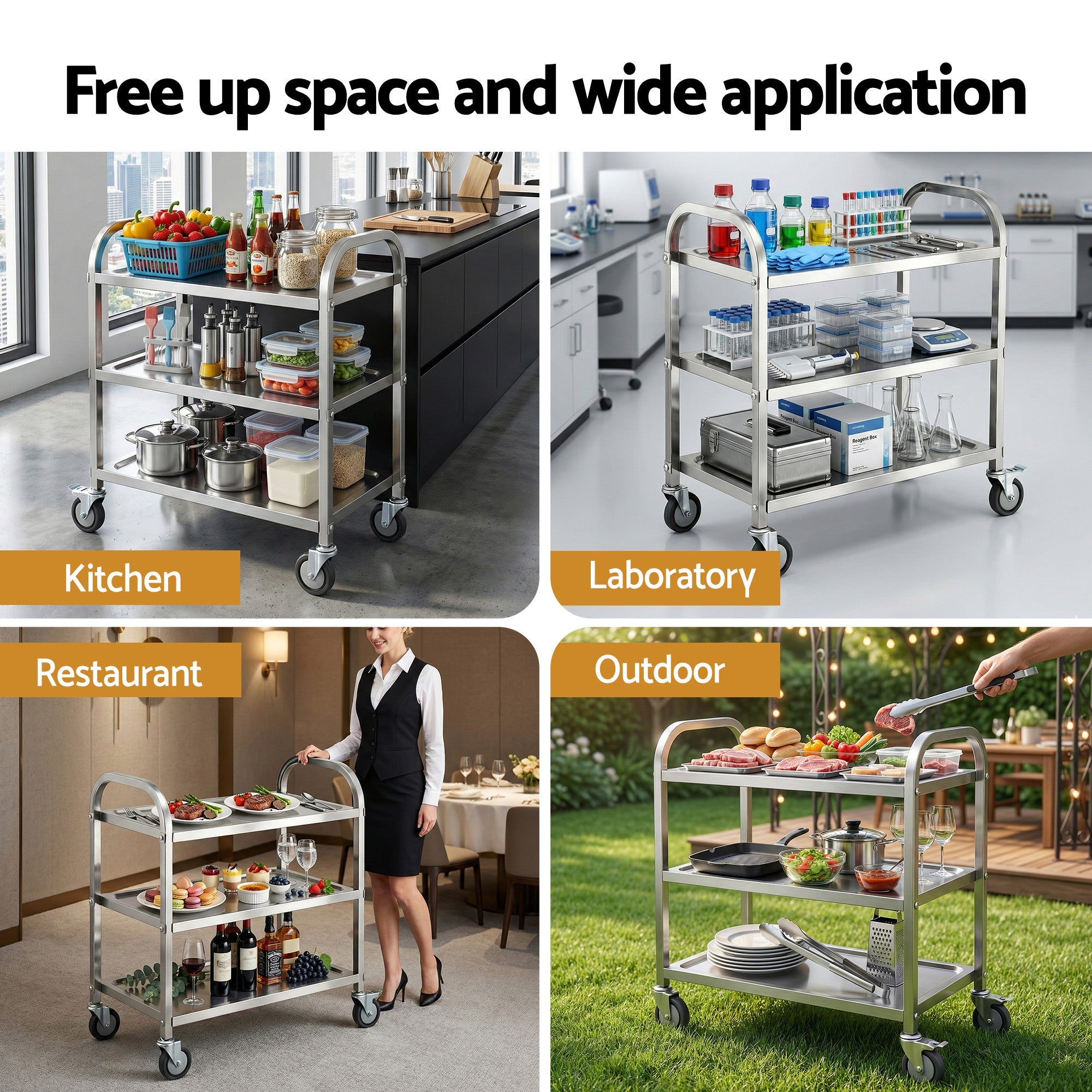 3 - Tier Stainless Steel Kitchen Trolley with Wheels 89X50X83cm - Furniture > Dining > Kitchen Sinks - Rivercity House & Home Co. (ABN 18 642 972 209) - Affordable Modern Furniture Australia