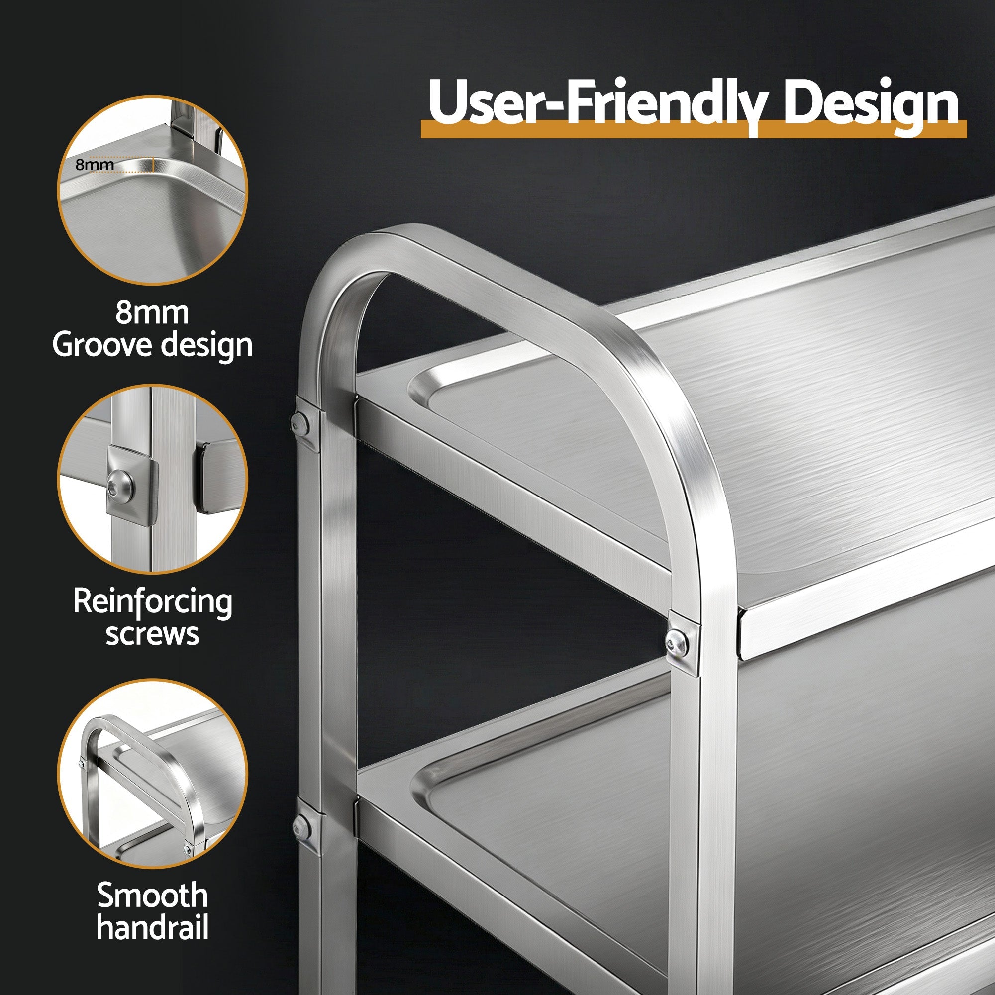 3 - Tier Stainless Steel Kitchen Trolley with Wheels 89X50X83cm - Furniture > Dining > Kitchen Sinks - Rivercity House & Home Co. (ABN 18 642 972 209) - Affordable Modern Furniture Australia