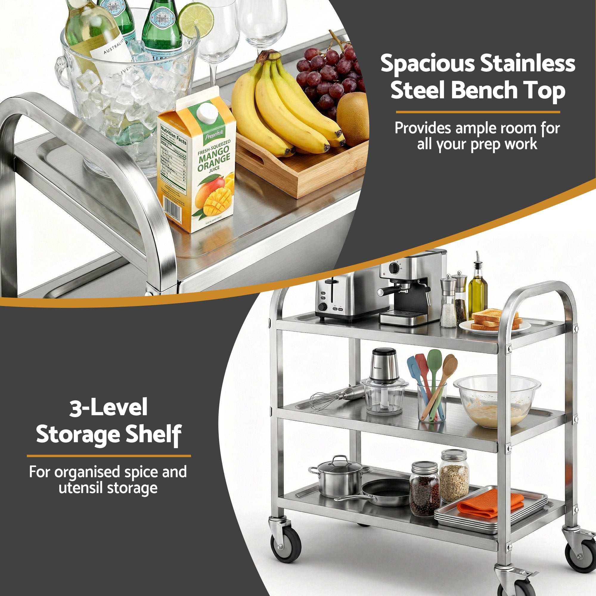 3 - Tier Stainless Steel Kitchen Trolley with Wheels 89X50X83cm - Furniture > Dining > Kitchen Sinks - Rivercity House & Home Co. (ABN 18 642 972 209) - Affordable Modern Furniture Australia