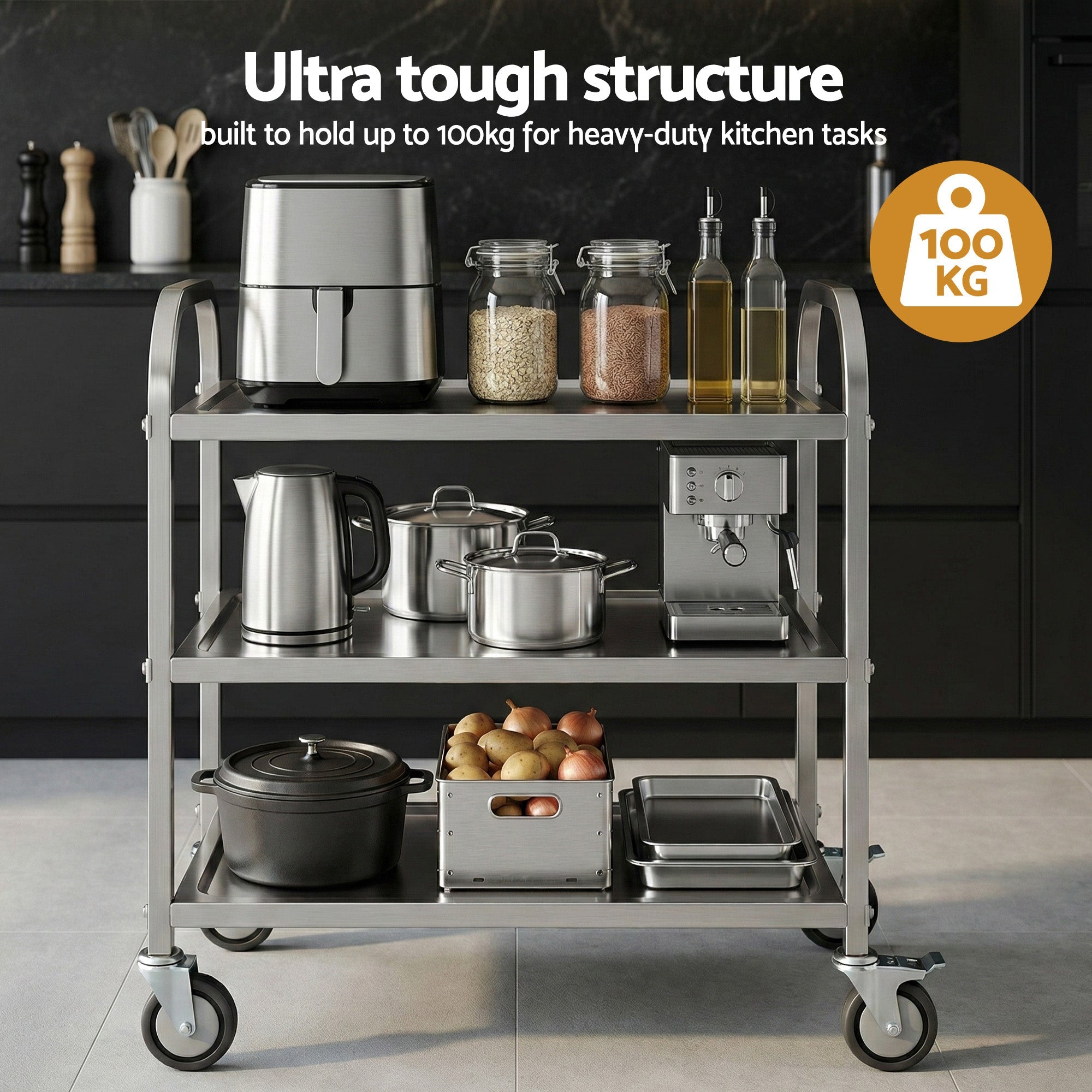 3 - Tier Stainless Steel Kitchen Trolley with Wheels 89X50X83cm - Furniture > Dining > Kitchen Sinks - Rivercity House & Home Co. (ABN 18 642 972 209) - Affordable Modern Furniture Australia