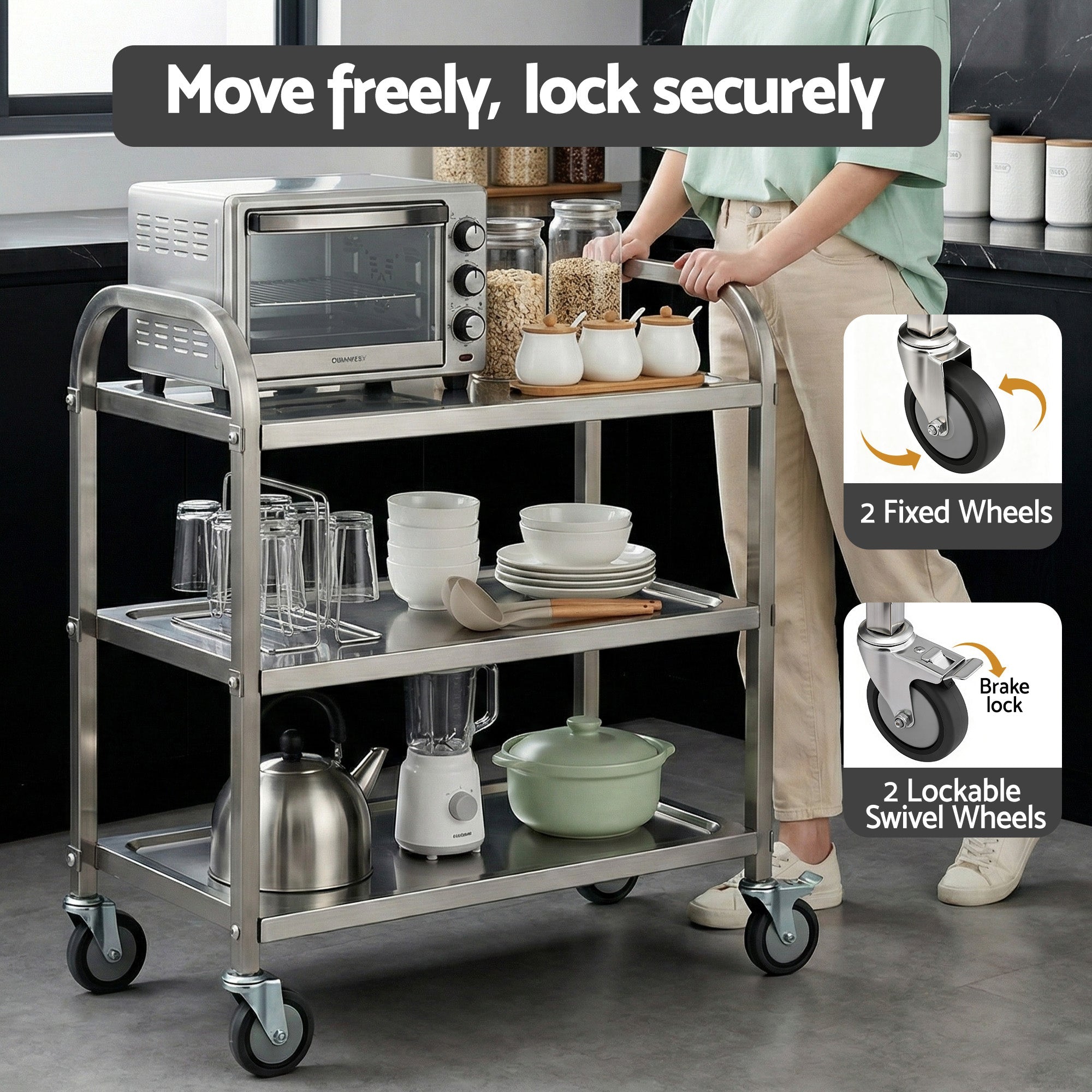 3 - Tier Stainless Steel Kitchen Trolley with Wheels 89X50X83cm - Furniture > Dining > Kitchen Sinks - Rivercity House & Home Co. (ABN 18 642 972 209) - Affordable Modern Furniture Australia