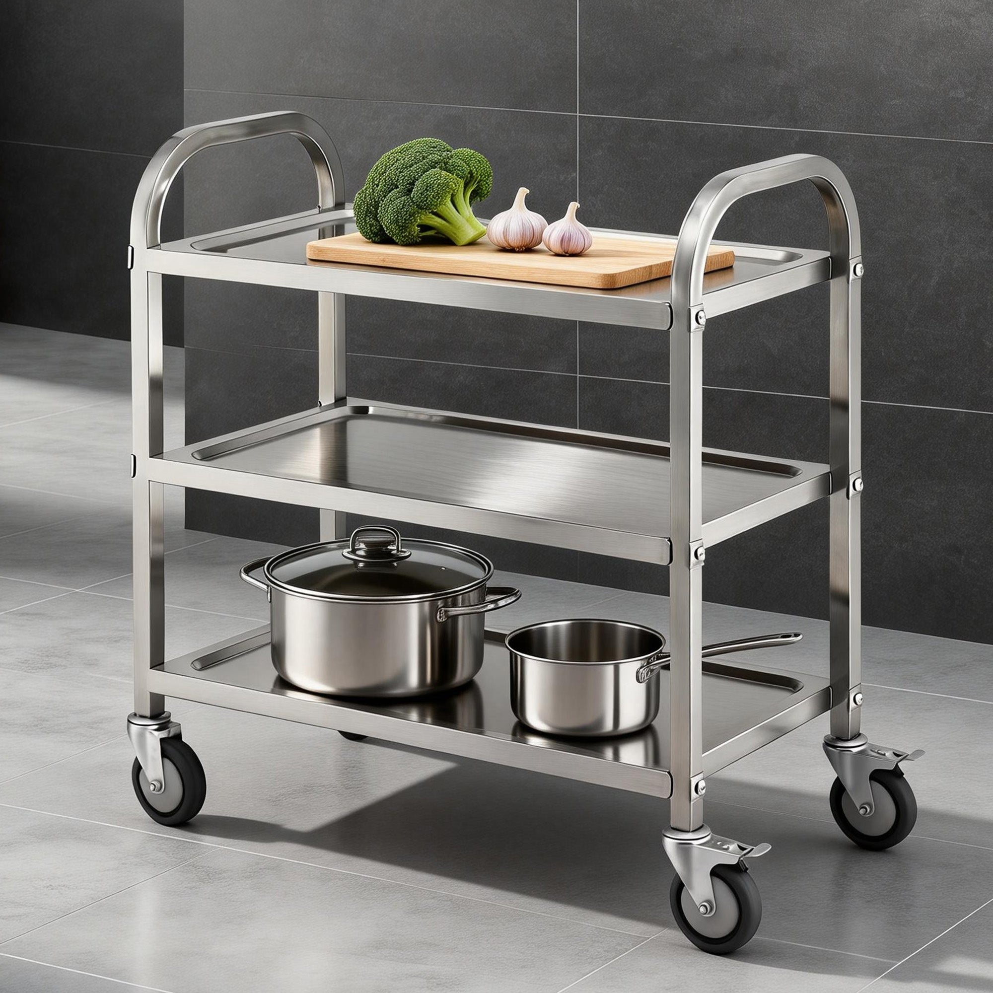 3 - Tier Stainless Steel Kitchen Trolley with Wheels 89X50X83cm - Furniture > Dining > Kitchen Sinks - Rivercity House & Home Co. (ABN 18 642 972 209) - Affordable Modern Furniture Australia