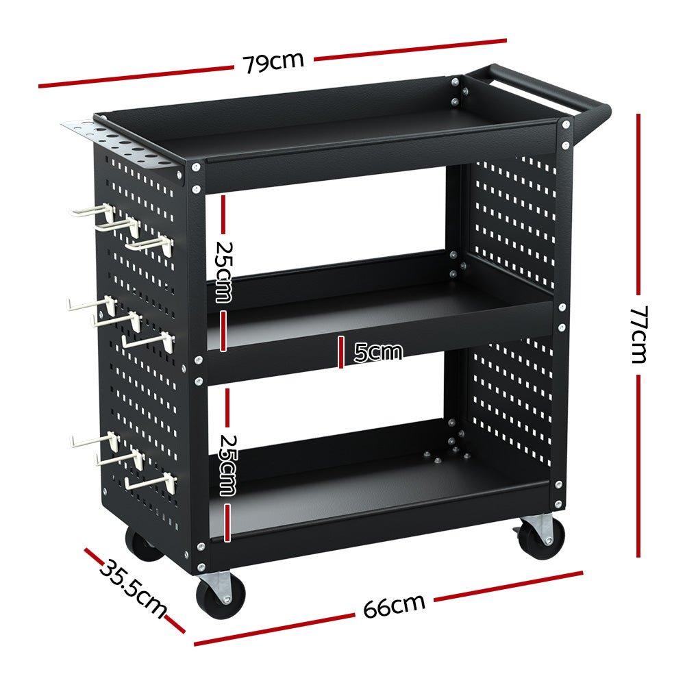 3 - Tier Tool Cart Storage Trolley Workshop Garage Pegboard Hooks Black - Tools > Tools Storage > Utility Trolleys - Rivercity House & Home Co. (ABN 18 642 972 209) - Affordable Modern Furniture Australia