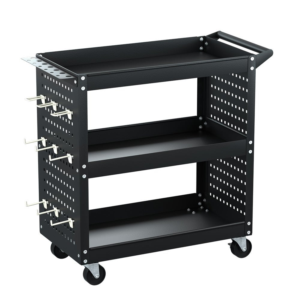 3 - Tier Tool Cart Storage Trolley Workshop Garage Pegboard Hooks Black - Tools > Tools Storage > Utility Trolleys - Rivercity House & Home Co. (ABN 18 642 972 209) - Affordable Modern Furniture Australia