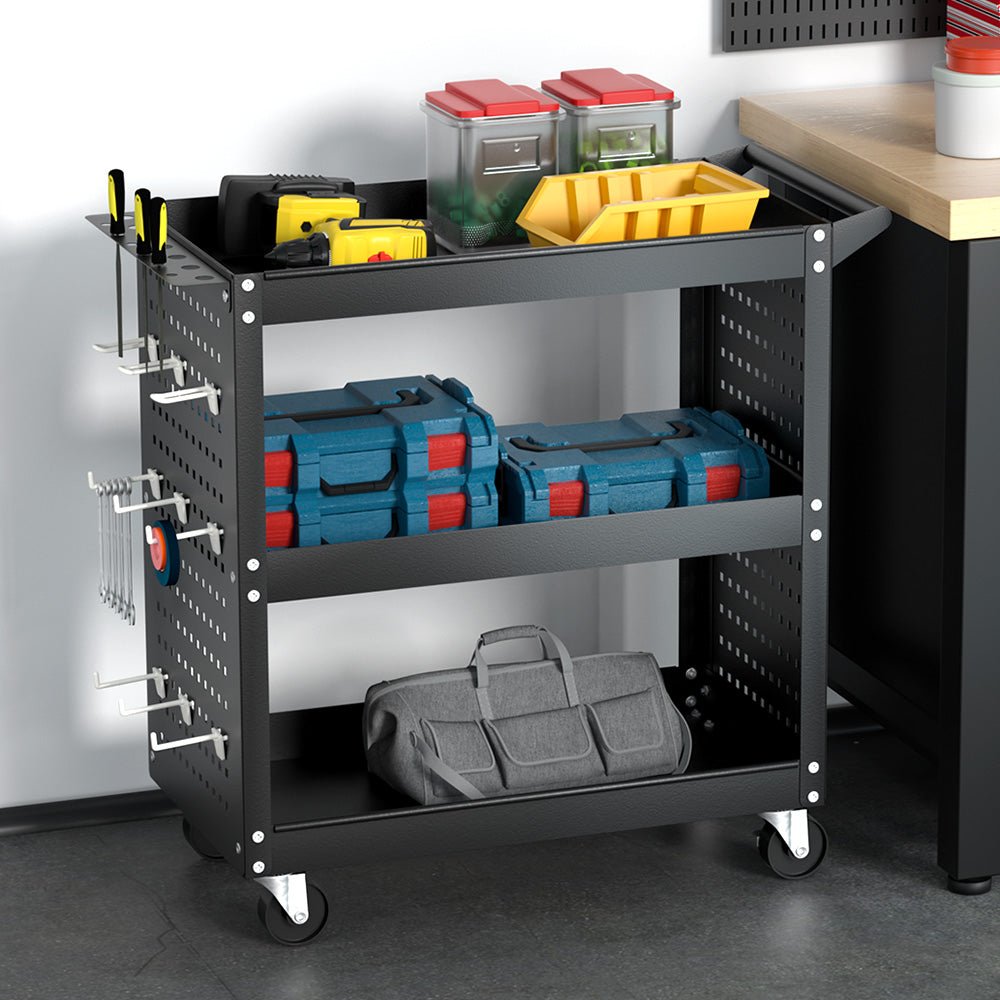 3 - Tier Tool Cart Storage Trolley Workshop Garage Pegboard Hooks Black - Tools > Tools Storage > Utility Trolleys - Rivercity House & Home Co. (ABN 18 642 972 209) - Affordable Modern Furniture Australia