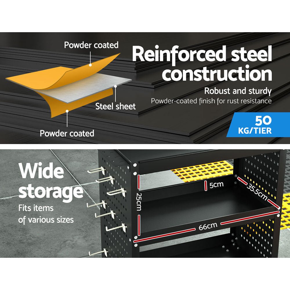 3 - Tier Tool Cart Storage Trolley Workshop Garage Pegboard Hooks Black - Tools > Tools Storage > Utility Trolleys - Rivercity House & Home Co. (ABN 18 642 972 209) - Affordable Modern Furniture Australia
