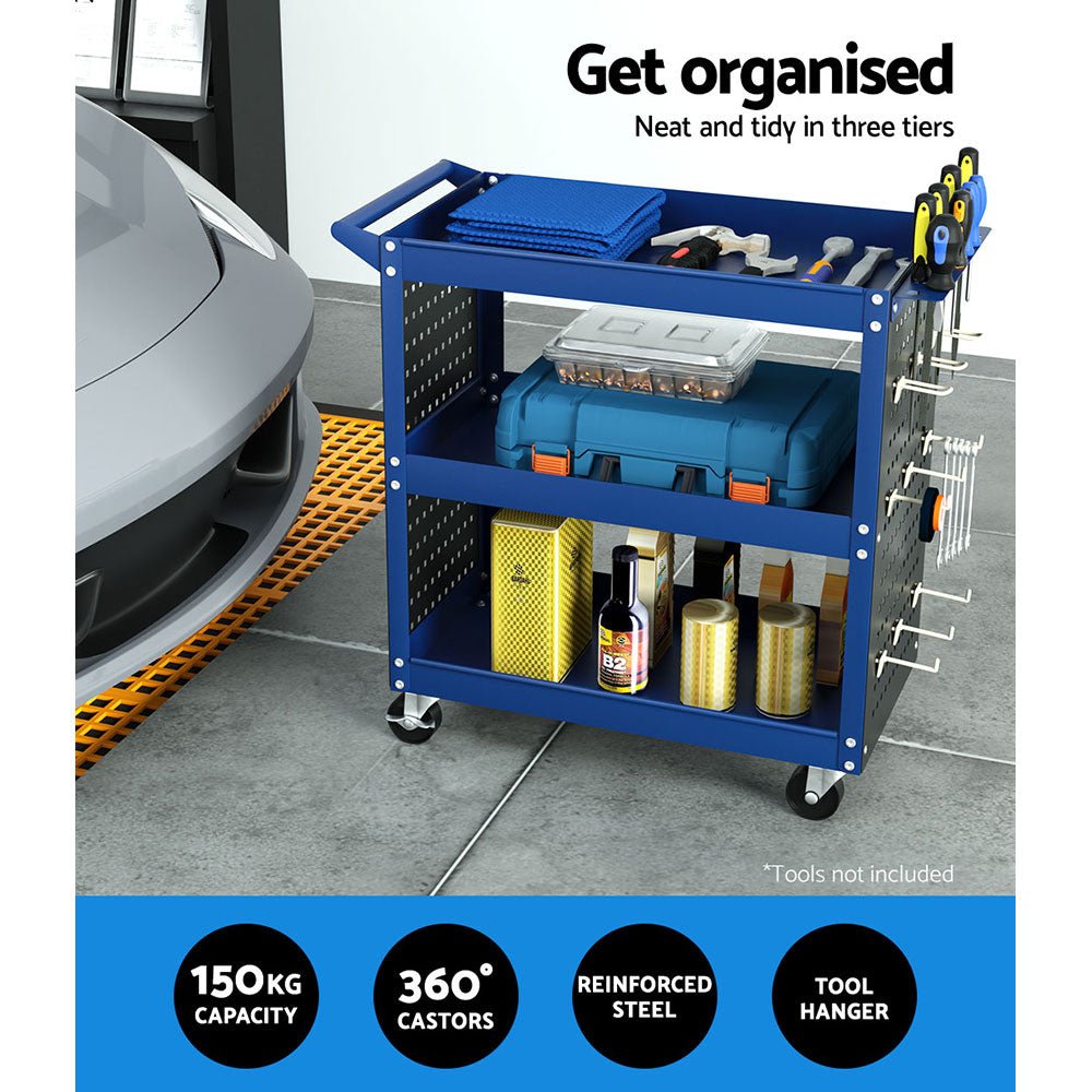 3 - Tier Tool Cart Storage Trolley Workshop Garage Pegboard Hooks Blue - Tools > Tools Storage > Utility Trolleys - Rivercity House & Home Co. (ABN 18 642 972 209) - Affordable Modern Furniture Australia