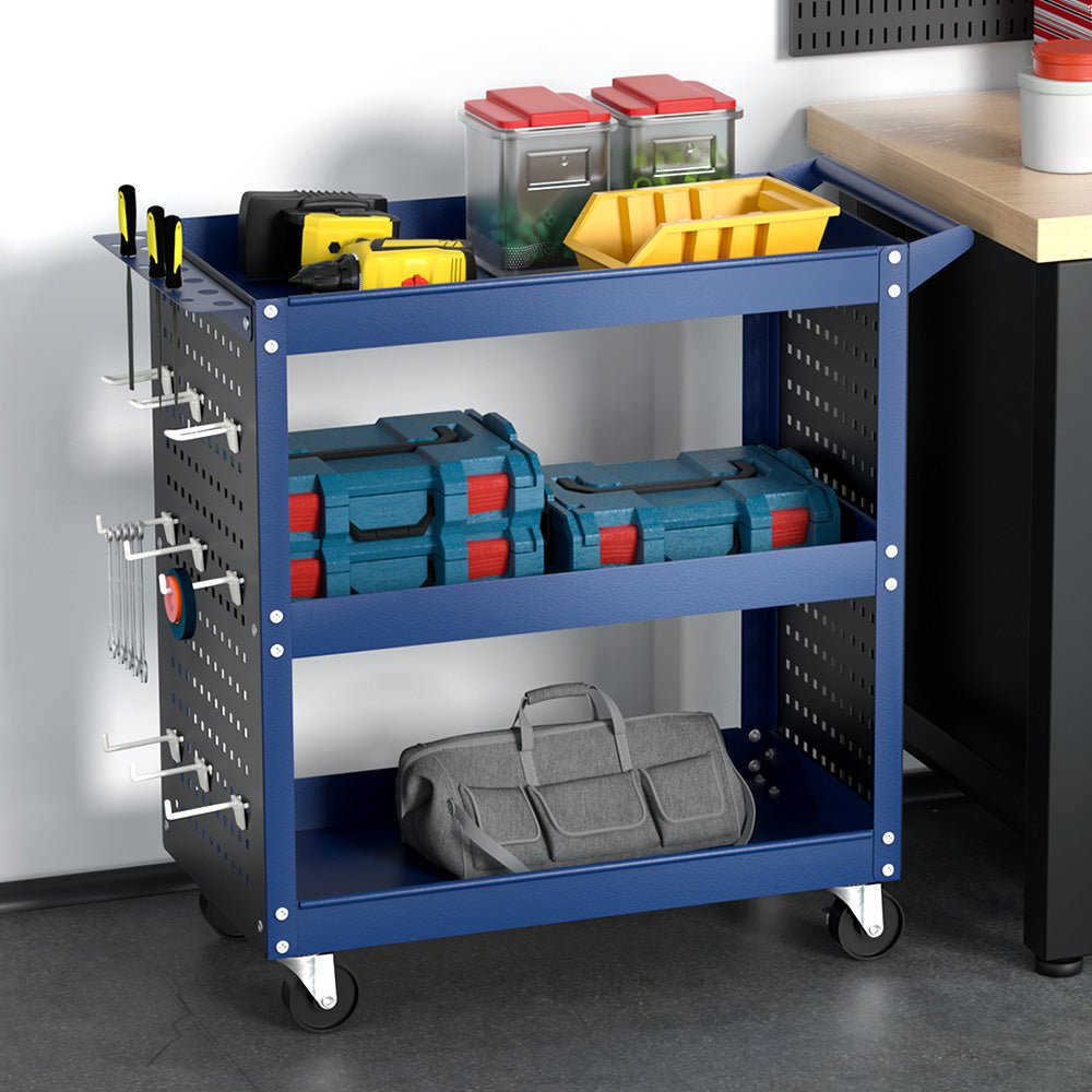 3 - Tier Tool Cart Storage Trolley Workshop Garage Pegboard Hooks Blue - Tools > Tools Storage > Utility Trolleys - Rivercity House & Home Co. (ABN 18 642 972 209) - Affordable Modern Furniture Australia