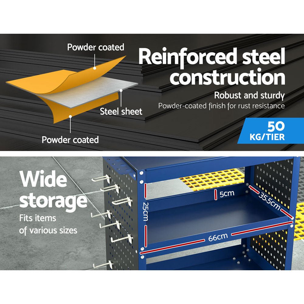 3 - Tier Tool Cart Storage Trolley Workshop Garage Pegboard Hooks Blue - Tools > Tools Storage > Utility Trolleys - Rivercity House & Home Co. (ABN 18 642 972 209) - Affordable Modern Furniture Australia