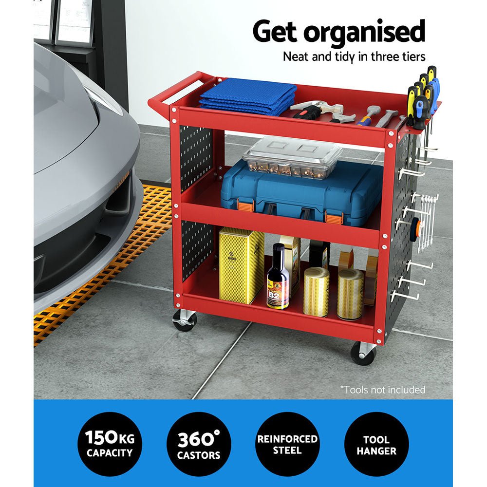 3 - Tier Tool Cart Storage Trolley Workshop Garage Pegboard Hooks Red - Tools > Tools Storage > Utility Trolleys - Rivercity House & Home Co. (ABN 18 642 972 209) - Affordable Modern Furniture Australia