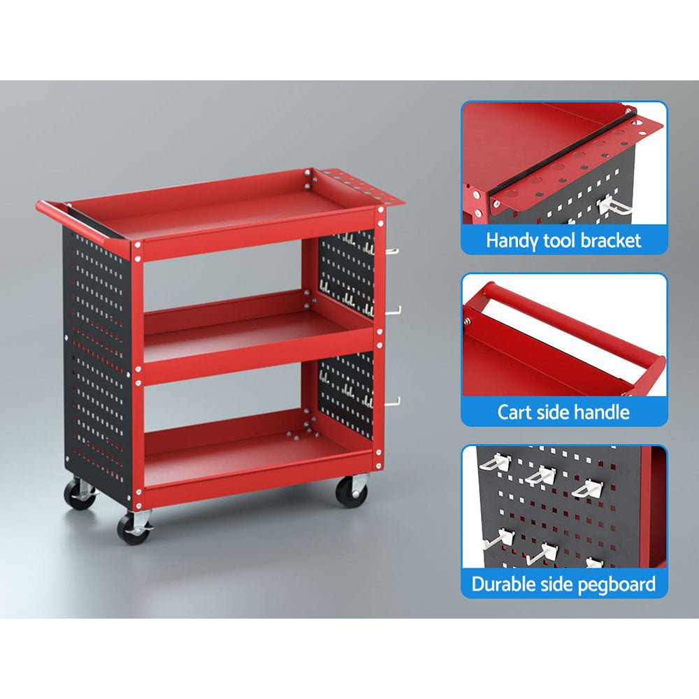 3 - Tier Tool Cart Storage Trolley Workshop Garage Pegboard Hooks Red - Tools > Tools Storage > Utility Trolleys - Rivercity House & Home Co. (ABN 18 642 972 209) - Affordable Modern Furniture Australia