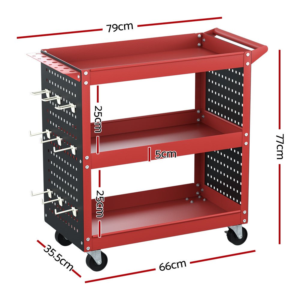 3 - Tier Tool Cart Storage Trolley Workshop Garage Pegboard Hooks Red - Tools > Tools Storage > Utility Trolleys - Rivercity House & Home Co. (ABN 18 642 972 209) - Affordable Modern Furniture Australia