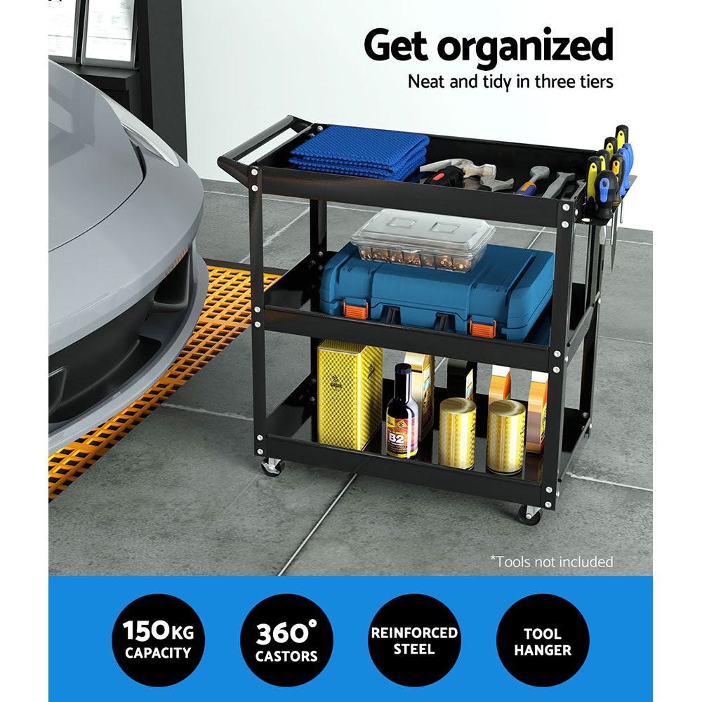 3 - Tier Tool Cart Trolley Workshop Garage Storage Organizer Black - Sports & Fitness > Bikes & Accessories > Bicycle Stands & Storage - Rivercity House & Home Co. (ABN 18 642 972 209) - Affordable Modern Furniture Australia