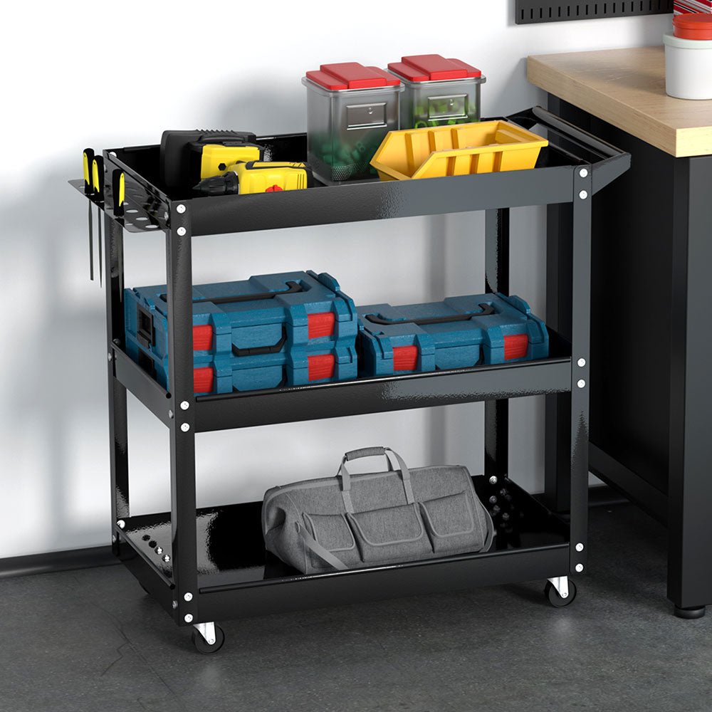 3 - Tier Tool Cart Trolley Workshop Garage Storage Organizer Black - Sports & Fitness > Bikes & Accessories > Bicycle Stands & Storage - Rivercity House & Home Co. (ABN 18 642 972 209) - Affordable Modern Furniture Australia