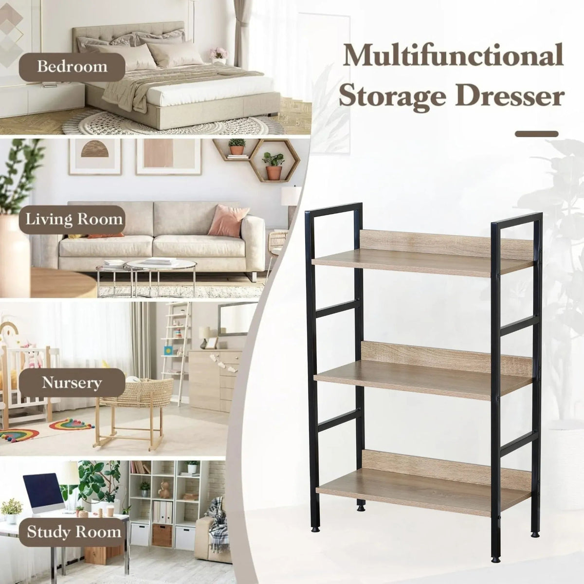 3 Tier Wood and Metal Bookshelf with Rustic Steel Frame - Brown - Furniture > Living Room > Bookcases & Shelves - Rivercity House & Home Co. (ABN 18 642 972 209) - Affordable Modern Furniture Australia