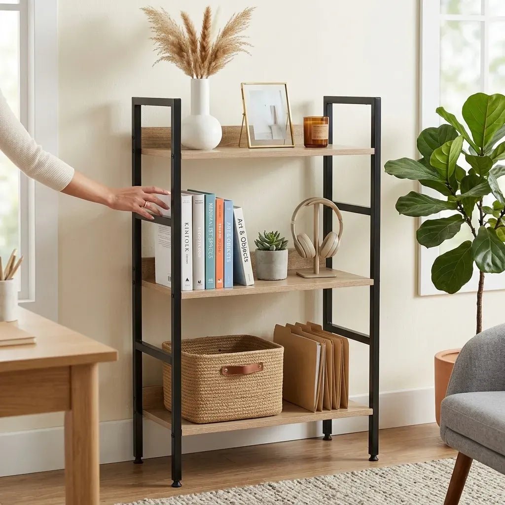 3 Tier Wood and Metal Bookshelf with Rustic Steel Frame - Brown - Furniture > Living Room > Bookcases & Shelves - Rivercity House & Home Co. (ABN 18 642 972 209) - Affordable Modern Furniture Australia